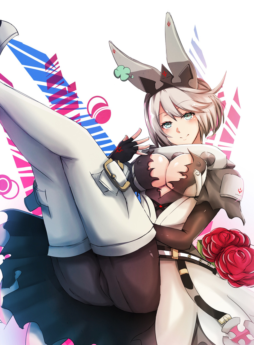 1girl ahoge aqua_eyes arc_system_works ass bare_shoulders blush boots bouquet breasts bunny_ears dress elphelt_valentine erect_nipples fingerless_gloves gloves guilty_gear guilty_gear_xrd guilty_gear_xrd:_revelator large_breasts looking_at_viewer okato pantyhose shiny shiny_hair short_hair silver_hair smile solo spiked_collar spikes thigh_boots