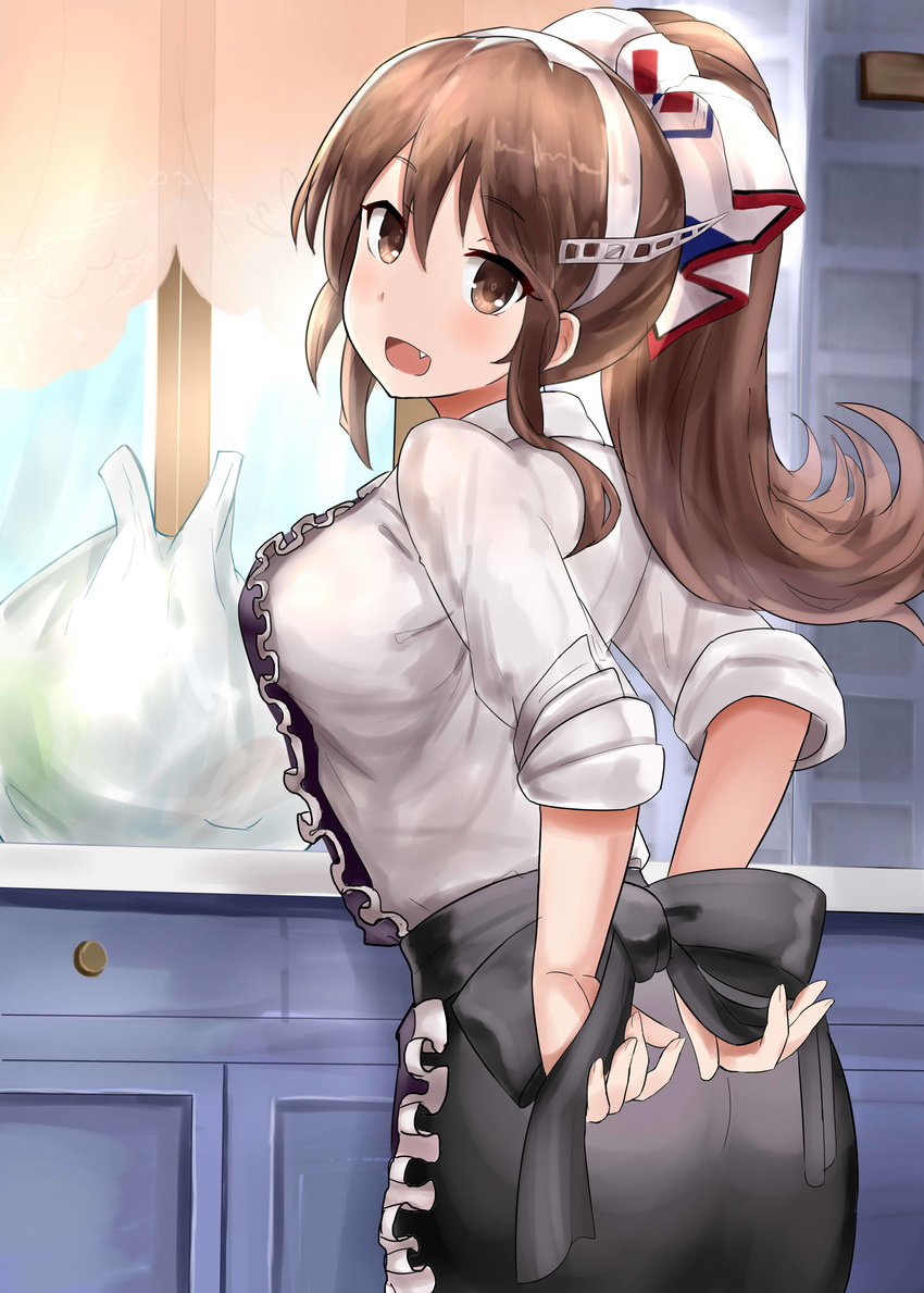 :d absurdres alternate_hairstyle apron ashigara_(kantai_collection) black_apron black_skirt brown_eyes brown_hair drawer fang frilled_apron frills from_behind hairband highres indoors kantai_collection long_hair long_sleeves md5_mismatch okitsugu open_mouth ponytail shirt skirt smile solo white_hairband white_shirt