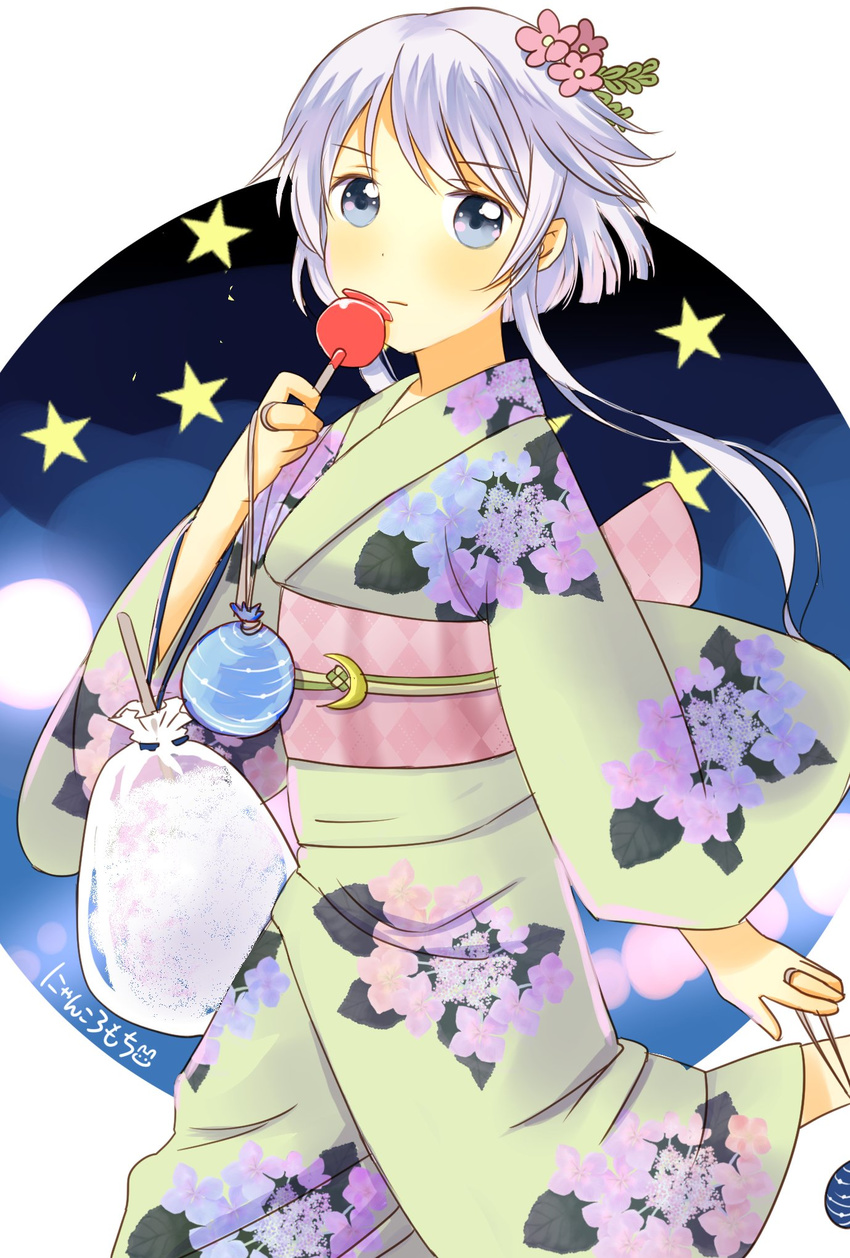 alternate_costume blue_eyes candy_apple crescent crescent_moon_pin floral_print flower food hair_flower hair_ornament highres holding holding_food japanese_clothes kantai_collection kimono long_hair long_sleeves misacho_(misa1001) obi pink_flower purple_hair sash short_hair_with_long_locks solo wide_sleeves yayoi_(kantai_collection) yukata