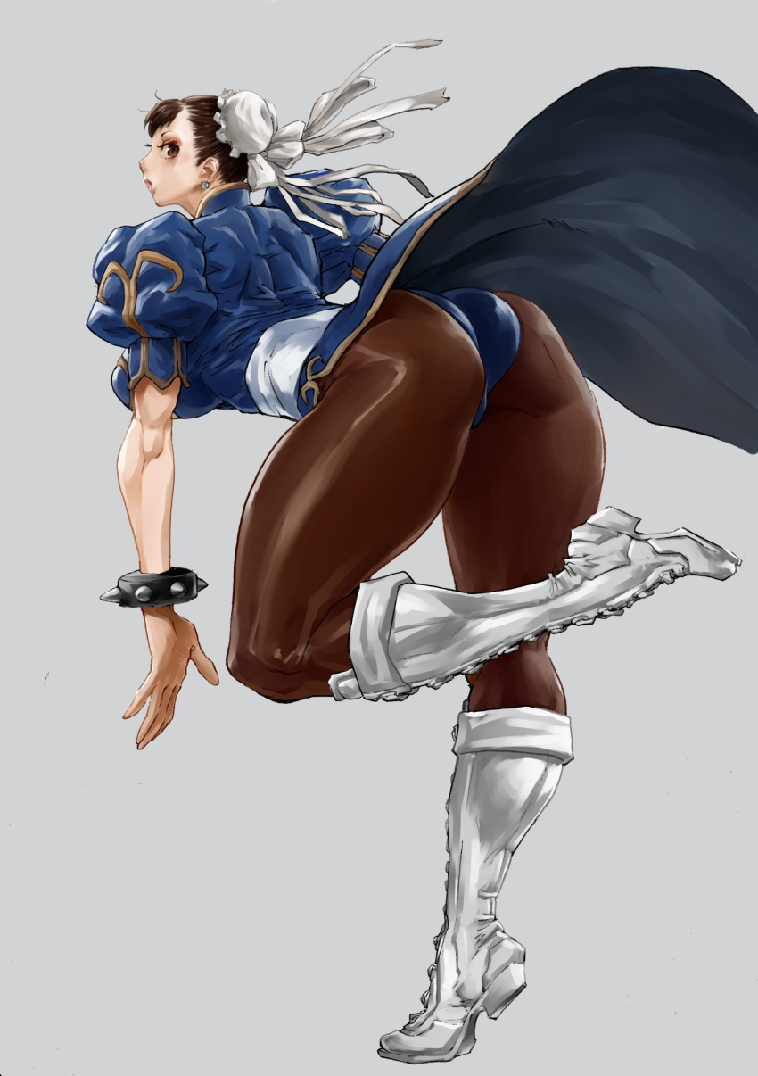 1girl ass bonten boots breasts capcom china_dress chinese_clothes chun-li cleavage curvy double_bun dress female full_body highres huge_ass jumping large_breasts looking_at_viewer looking_back shiny solo street_fighter thick_thighs thighs wide_hips