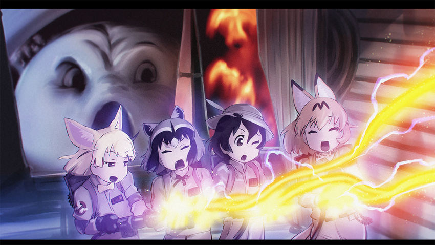 animal_ears chromatic_aberration closed_eyes commentary common_raccoon_(kemono_friends) fang fennec_(kemono_friends) fox_ears ghostbusters gloves half-closed_eyes hat jumpsuit kaban_(kemono_friends) kemono_friends movie_reference multiple_girls one_eye_closed open_mouth parody proton_pack raccoon_ears ribbon serval_(kemono_friends) serval_ears stay_puft ueyama_michirou