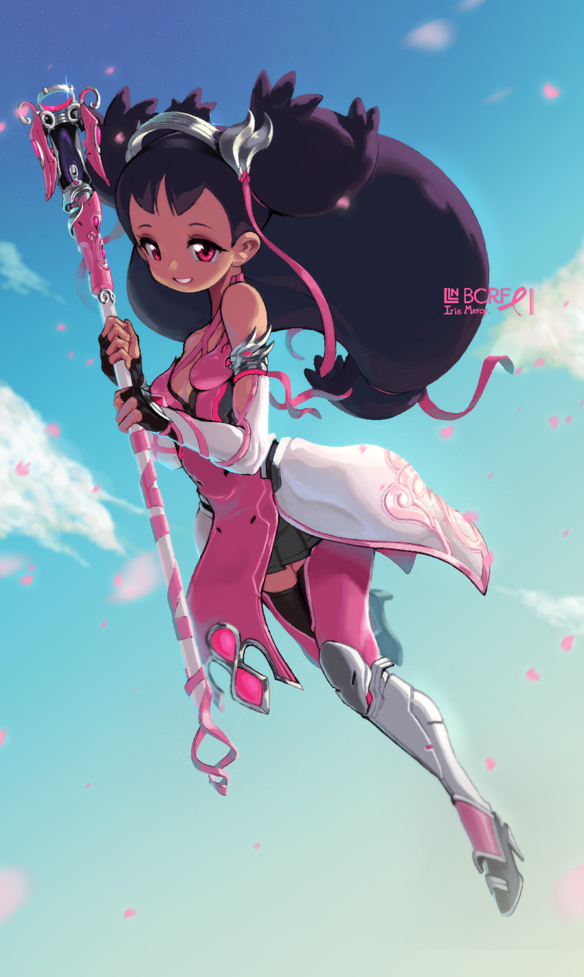 1girl bare_shoulders big_hair boots breasts creatures_(company) dark_skin elbow_gloves fingerless_gloves floating full_body game_freak gloves hair_ornament hair_ribbon highres iris_(pokemon) liline_(liline_01) long_hair mercy_(overwatch)_(cosplay) nintendo pink_eyes pink_mercy pleated_skirt pokemon pokemon_(game) pokemon_bw purple_hair ribbon skirt sky small_breasts smile solo staff thigh_boots thighhighs twintails zettai_ryouiki