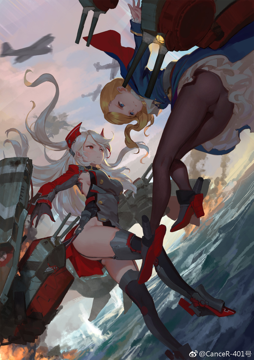 aircraft airplane azur_lane black_gloves black_legwear blonde_hair blue_dress blue_eyes breasts brown_legwear cancer_(zjcconan) closed_mouth dress gloves headgear high_heels highres hood_(azur_lane) leotard long_hair medium_breasts mole mole_on_breast multiple_girls ocean outdoors pantyhose prinz_eugen_(azur_lane) red_eyes sideboob silver_hair thighhighs two_side_up watermark