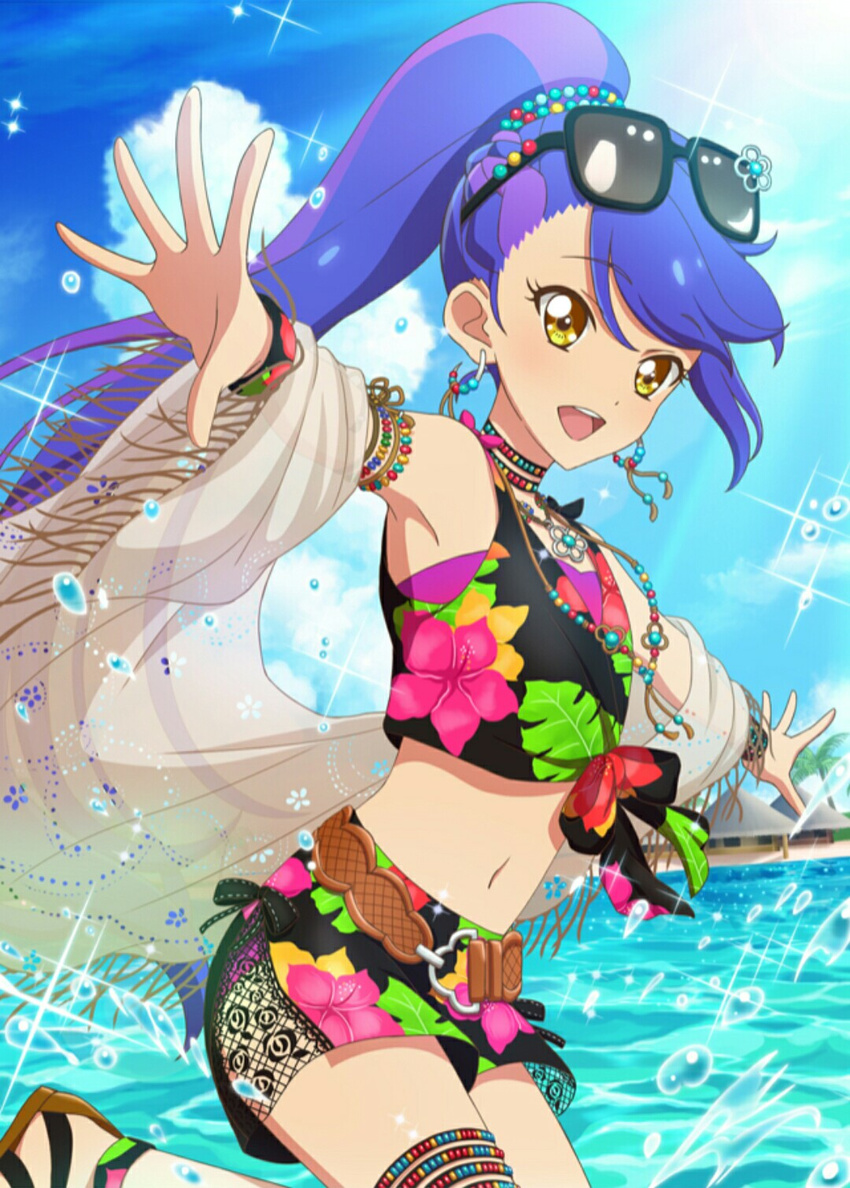 aikatsu!_(series) aikatsu!_photo_on_stage!! aikatsu_stars! beach beach_house blue_hair bow bracelet cloud day earrings hibiscus_print highres jewelry kisaragi_tsubasa long_hair multicolored_hair navel necklace open_mouth outdoors outstretched_arms palm_tree ponytail sandals sky smile solo sunglasses swimsuit towel tree water water_drop yellow_eyes