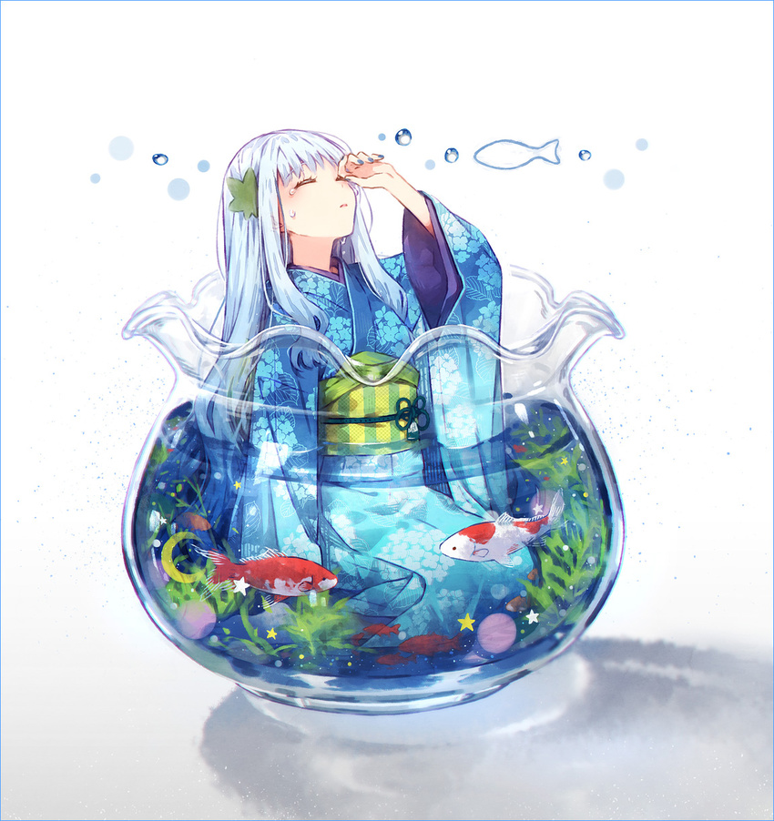 aquarium arm_up bangs blue_kimono blue_nails closed_eyes crescent crying fish floral_print goldfish hair_ornament hakusai_(tiahszld) highres japanese_clothes kimono long_hair long_sleeves nail_polish obi original partially_submerged sash seaweed silver_hair sitting solo star tears water water_drop wide_sleeves yokozuwari