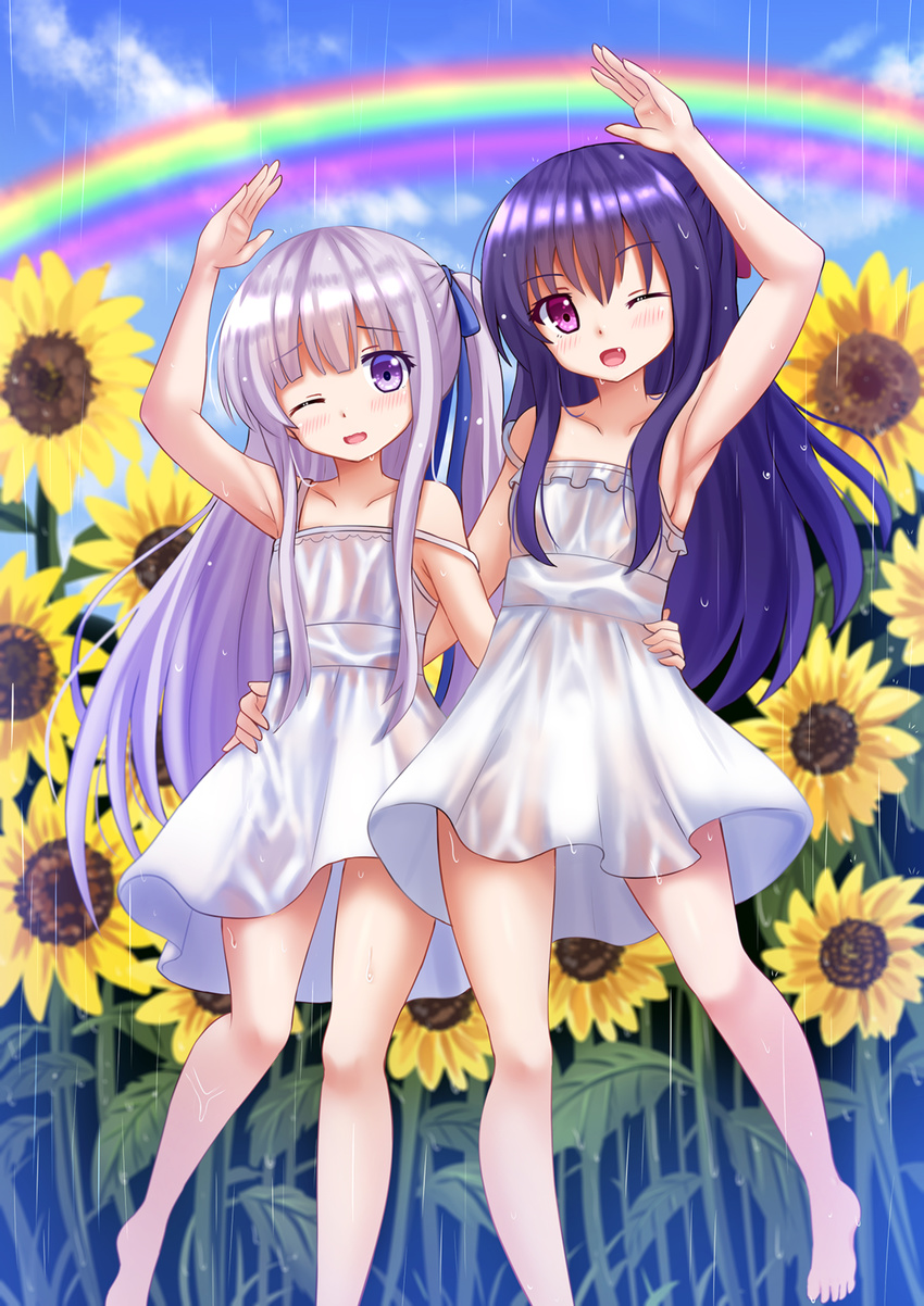 ;d arm_up armpits bare_legs bare_shoulders barefoot blue_hair blue_sky collarbone commentary day dress eyebrows_visible_through_hair fang flower gotou_jun hair_ribbon half_updo hand_on_another's_hip highres kazenokaze long_hair looking_at_viewer momijidani_nozomi multiple_girls one_eye_closed one_side_up open_mouth pink_eyes purple_eyes rain rainbow ribbon see-through silver_hair sky smile strap_slip sundress sunflower tenshi_no_3p! water_drop wet wet_clothes wet_dress white_dress