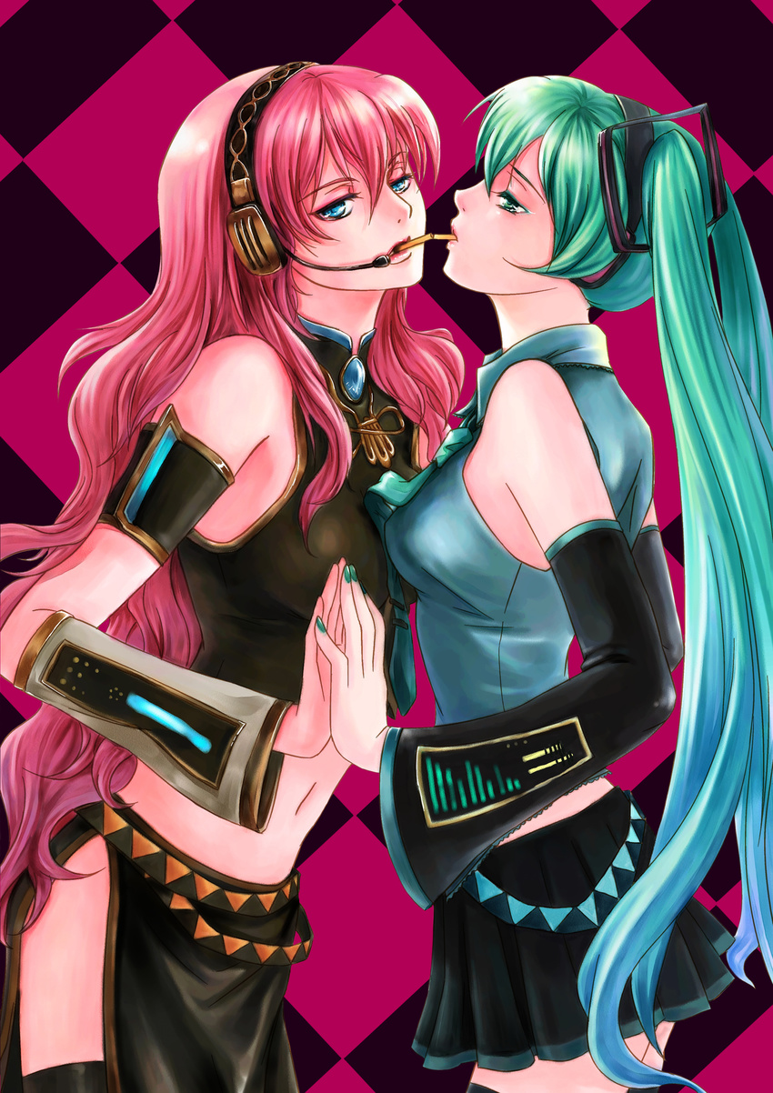 2girls absurdres aqua_eyes aqua_hair aqua_nails aqua_necktie armband bare_shoulders belt black_detached_sleeves black_skirt blue_eyes breasts brooch checkered checkered_background couple detached_sleeves female gem grey_detached_sleeves hair_between_eyes half-closed_eyes hands_together hatsune_miku headphones headset highres jewelry long_hair long_skirt looking_at_another looking_at_viewer medium_breasts megurine_luka midriff multiple_belts multiple_girls mutual_yuri nail_polish navel neck necktie pink_hair pixiv_id_1669759 pleated_skirt pocky pocky_kiss sapphire_(stone) shared_food shirt side_slit sleeveless sleeveless_shirt sleeveless_turtleneck standing thighhighs turtleneck twintails two-tone_hair vocaloid wavy_hair yuri zettai_ryouiki
