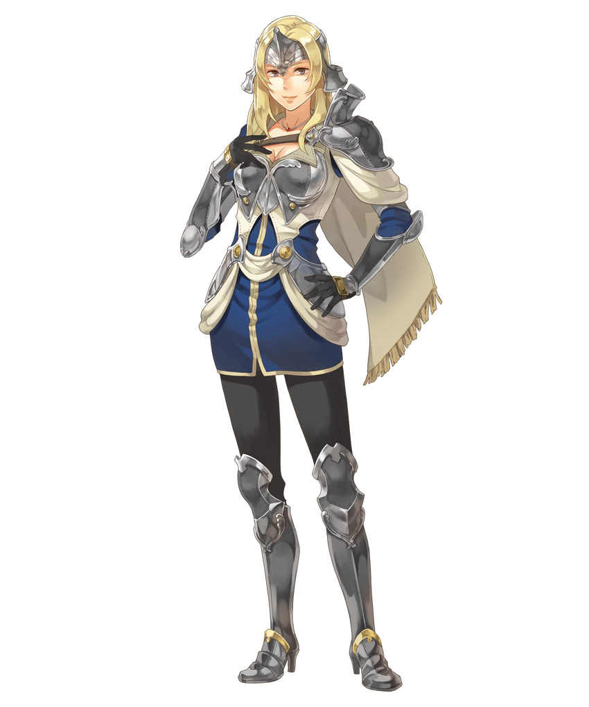 arm_guards armor armored_boots blonde_hair boots breastplate breasts cape capelet cleavage dress fire_emblem fire_emblem_echoes:_mou_hitori_no_eiyuuou fire_emblem_heroes full_body gloves grey_eyes grey_footwear hand_on_hip hand_on_own_chest helmet high_heel_boots high_heels highres jewelry knee_boots knee_pads long_hair looking_at_viewer matilda_(fire_emblem) medium_breasts necklace official_art okaya_mrh pantyhose short_dress shoulder_armor smile solo standing transparent_background