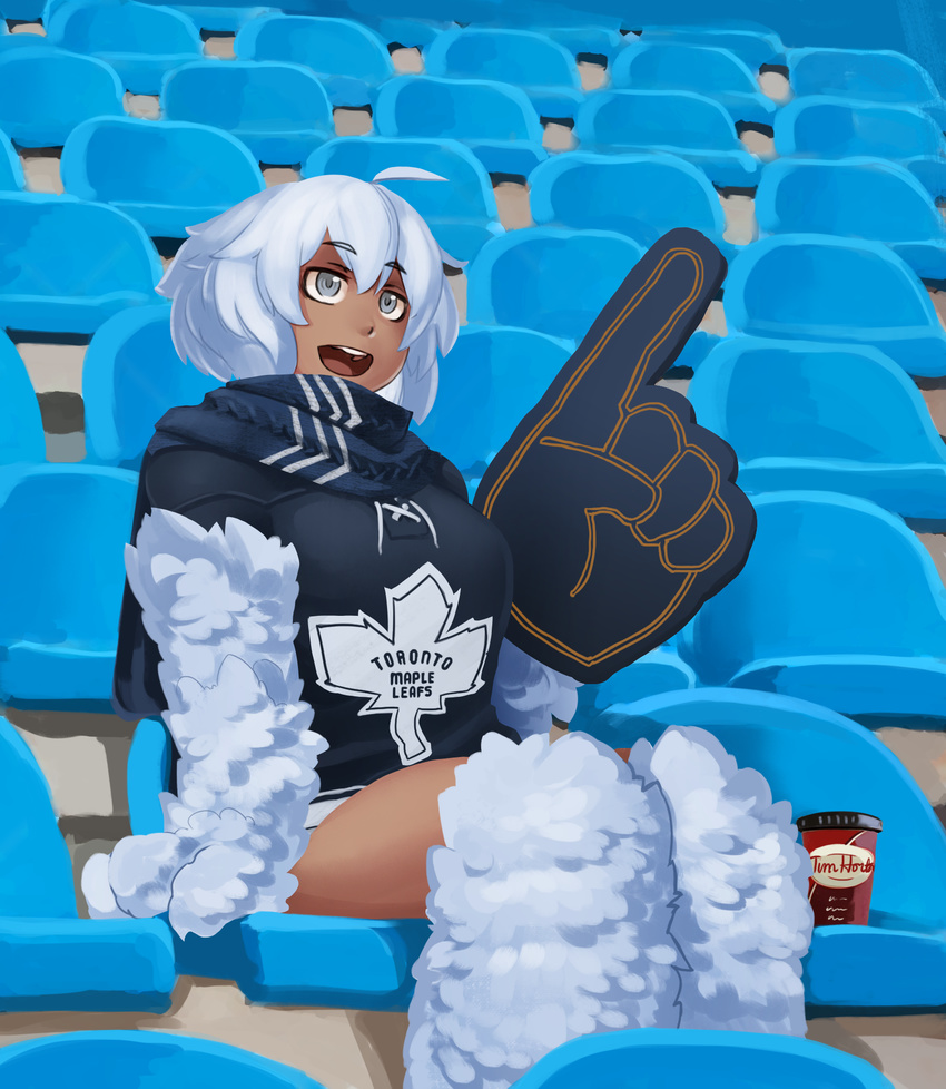 :d ahoge black_gloves black_scarf blush clothes_writing commentary cup dark_skin foam_finger fur gloves grey_eyes highres hockey_sweater ice_hockey leg_warmers less looking_afar monster_girl monster_girl_encyclopedia national_hockey_league open_mouth paws round_teeth scarf short_hair sitting smile solo stadium teeth tim_hortons toronto_maple_leafs white_fur white_hair yeti_(monster_girl_encyclopedia)