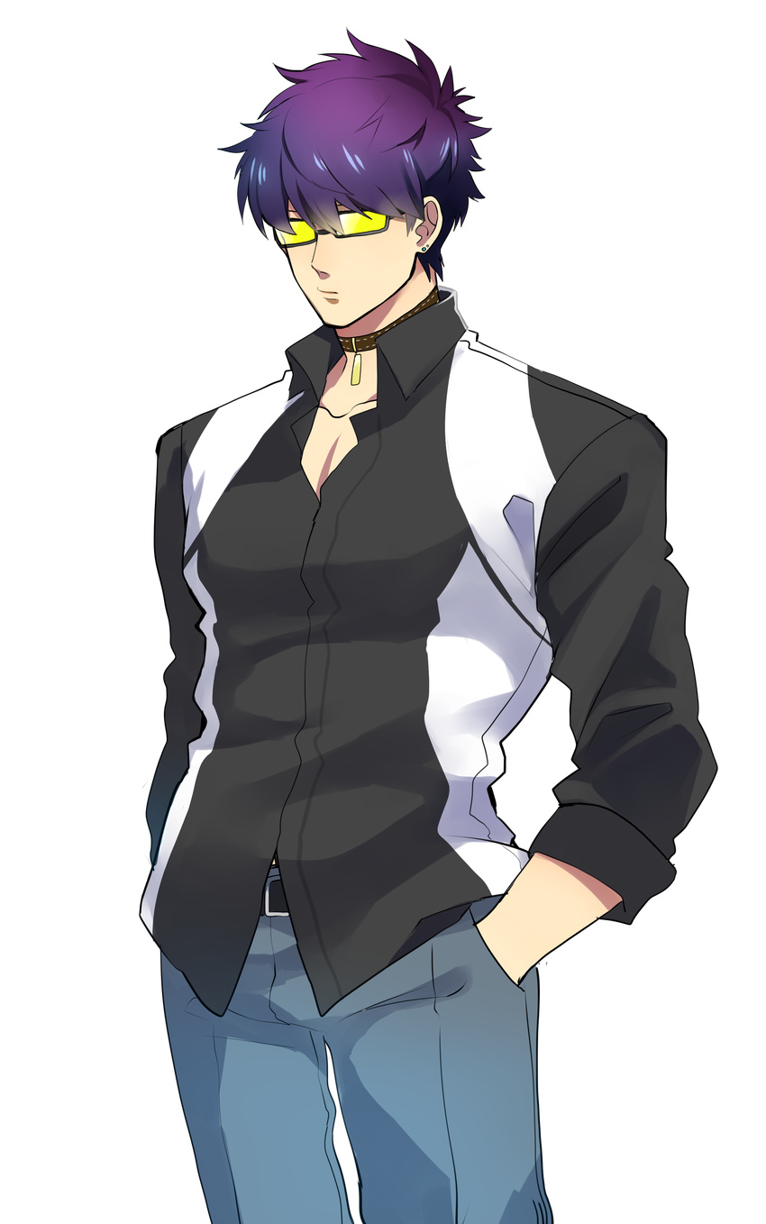 absurdres black_shirt closed_mouth cowboy_shot denim ear_piercing ebippoid glasses hands_in_pockets highres jeans male_focus opaque_glasses open_collar original pants pectorals piercing purple_hair shirt solo sunglasses transparent_background