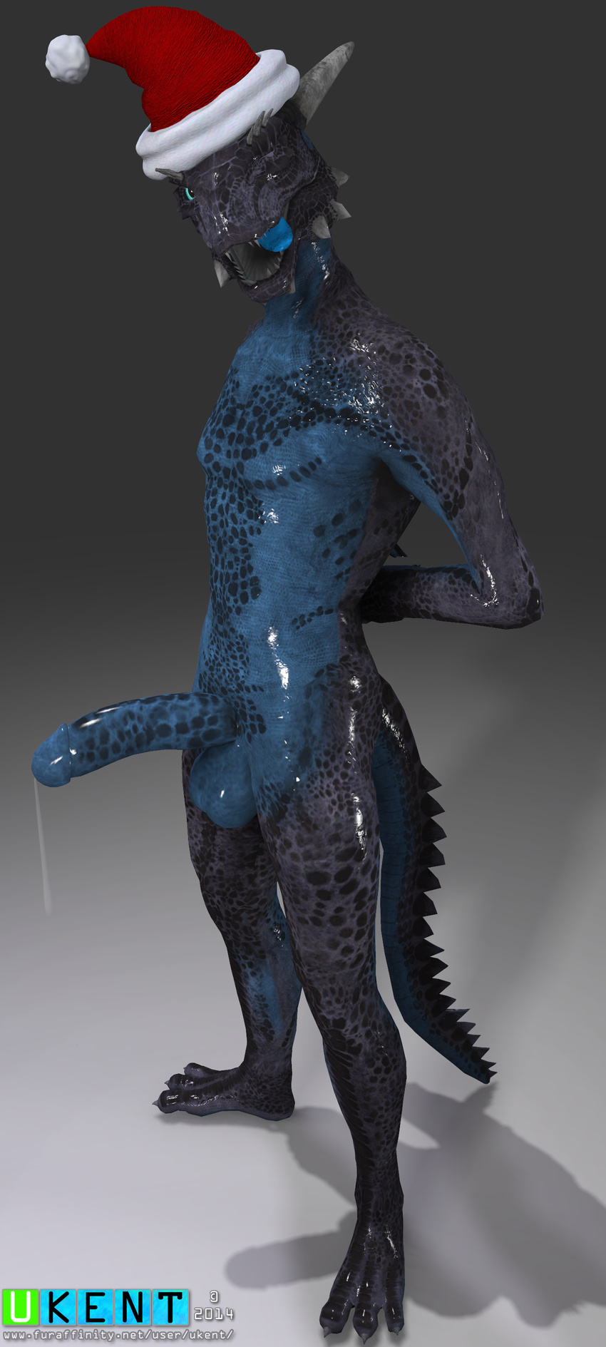 2014 anthro aquarius argonian athletic balls big_penis blue_scales blue_tongue christmas erection full_body grey_background hands_behind_back hat holidays horn male one_eye_closed penis precum presenting santa_hat scales scalie signature simple_background solo standing the_elder_scrolls tongue tongue_out ukent video_games wink