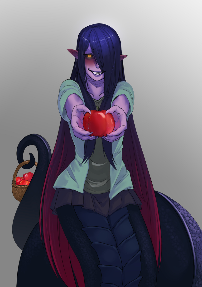 apophis_(monster_girl_encyclopedia) apple basket bite_mark black_sclera blue_hair blush claws collarbone fang food fruit gradient_hair grey_background hair_over_one_eye highres holding holding_food lamia less long_hair looking_at_viewer miniskirt monster_girl monster_girl_encyclopedia multicolored_hair pointy_ears prehensile_tail purple_skin red_hair scales simple_background skirt smile solo tail very_long_hair yellow_eyes you_gonna_get_raped