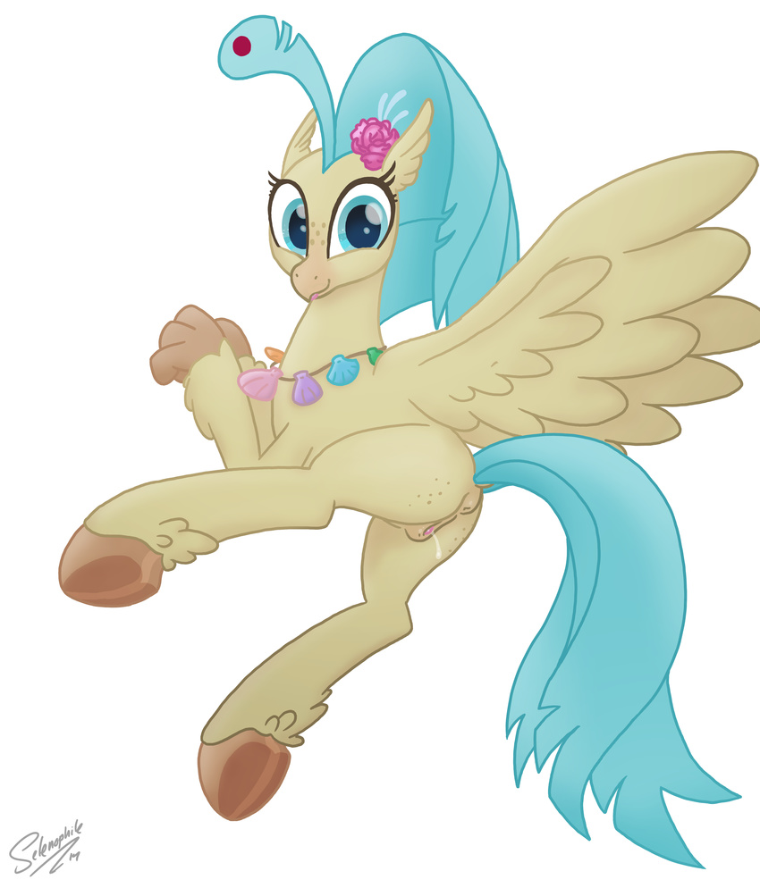2017 absurd_res butt feathered_wings feathers female feral hair hi_res looking_at_viewer my_little_pony my_little_pony_the_movie pussy selenophile simple_background smile solo white_background wings