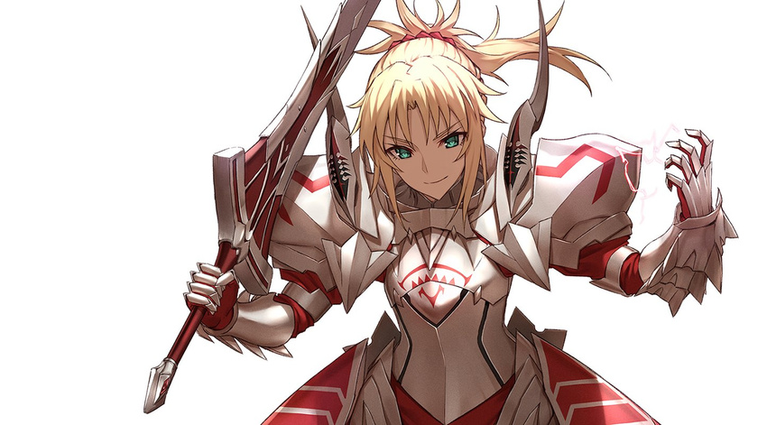 armor blonde_hair clarent commentary_request famepeera fate/apocrypha fate_(series) green_eyes long_hair mordred_(fate) mordred_(fate)_(all) ponytail smile solo sword weapon