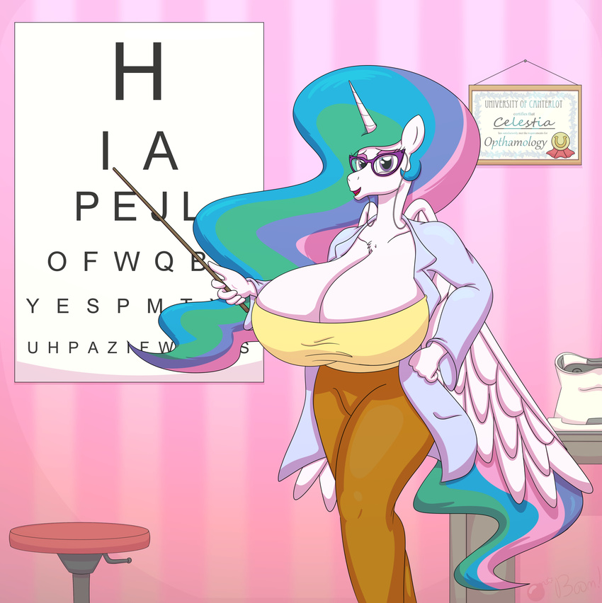 anthro big_breasts breasts certificate clothed clothing equine eye_chart eyewear feathered_wings feathers female friendship_is_magic glasses gunpowdergreentea hair horn huge_breasts lab_coat looking_at_viewer mammal multicolored_hair my_little_pony office princess_celestia_(mlp) purple_eyes smile winged_unicorn wings