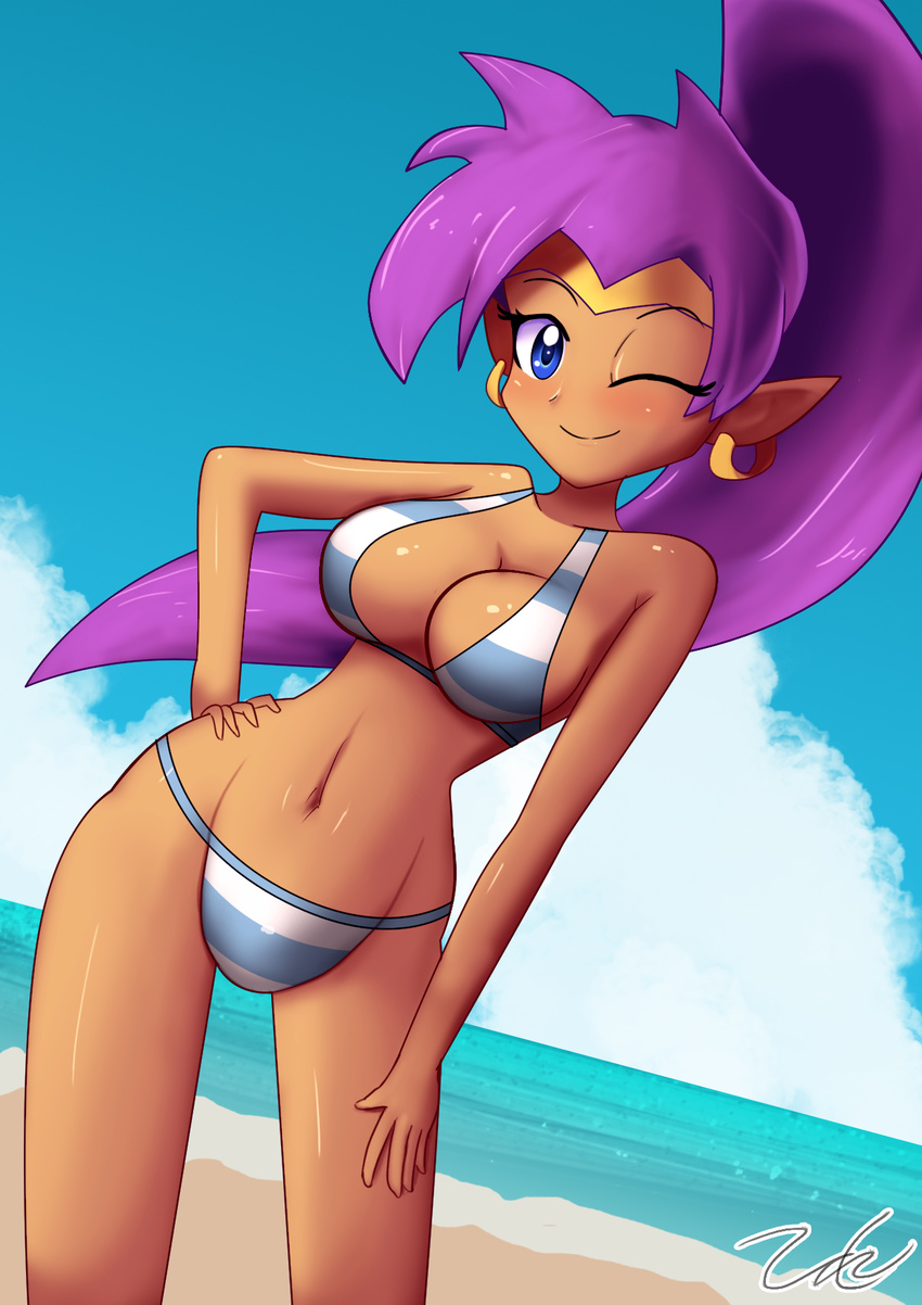 1girl ;) beach bikini blue_eyes blush breasts cleavage dark_skin day hand_on_hips hips looking_at_viewer navel ocean ponytail purple_hair shantae shantae:_half-genie_hero shantae_(character) shantae_(series) sky smile solo striped_bikini