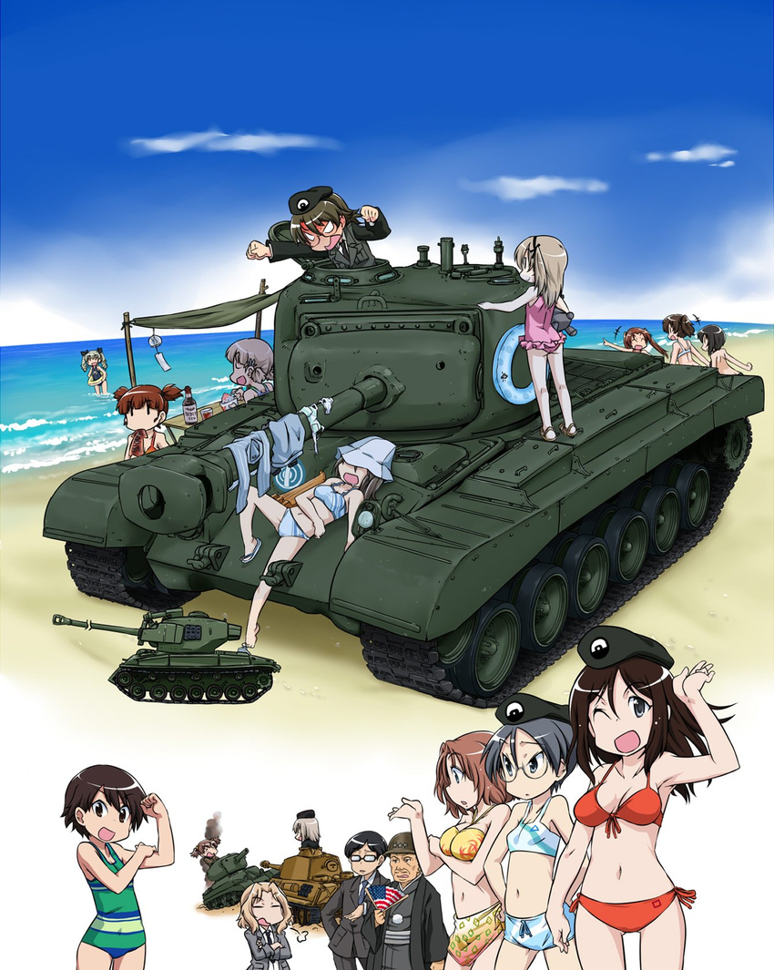 6+girls aki_(girls_und_panzer) alisa_(girls_und_panzer) american_flag american_flag_print anchovy azumi_(girls_und_panzer) beach beret bikini boko_(girls_und_panzer) caterpillar_tracks commentary_request day emblem flag_print girls_und_panzer ground_vehicle hat highres isobe_noriko itsumi_erika japanese_tankery_league_(emblem) kadotani_anzu kawashima_momo kay_(girls_und_panzer) kodama_shichirou koyama_yuzu m26_pershing m4_sherman megumi_(girls_und_panzer) mika_(girls_und_panzer) mikko_(girls_und_panzer) military military_uniform military_vehicle motor_vehicle multiple_boys multiple_girls rumi_(girls_und_panzer) sarong saunders_school_uniform selection_university_(emblem) selection_university_military_uniform shimada_arisu swimsuit t26e4_superpershing takanaga_kouhei tank tiger_ii tsuji_renta uniform