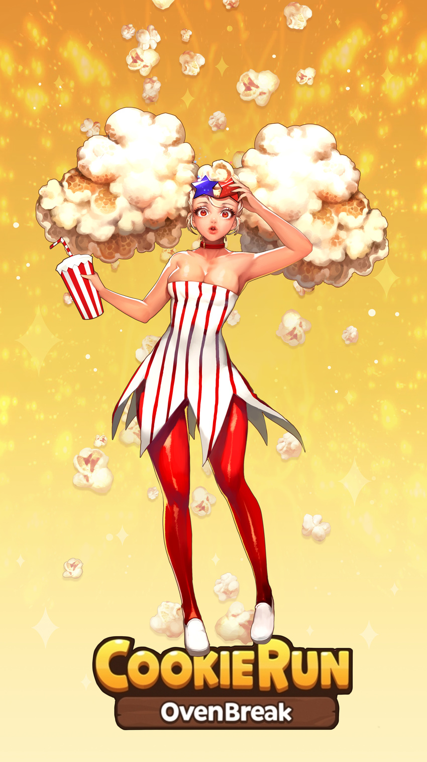 :o absurdres adjusting_eyewear bare_shoulders blonde_hair breasts choker collarbone cookie_run copyright_name dress drink drinking_straw eyewear_on_head food full_body glasses gradient gradient_background highres holding long_hair looking_at_viewer majo medium_breasts orange_background pantyhose personification popcorn popcorn_cookie red_eyes red_legwear shoes striped striped_dress sunglasses twintails white_footwear yellow_background