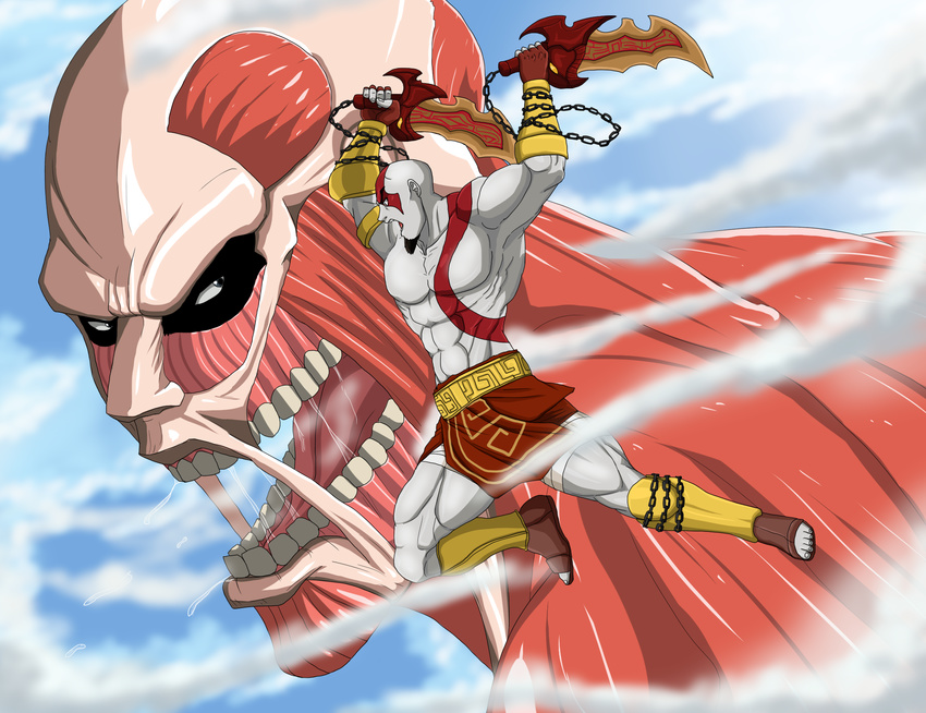 bald battle blades_of_athena crossover dual_wielding god_of_war highres holding holding_weapon kratos loincloth multiple_boys muscle open_mouth scar shingeki_no_kyojin sword tattoo titan_(shingeki_no_kyojin) weapon white_skin