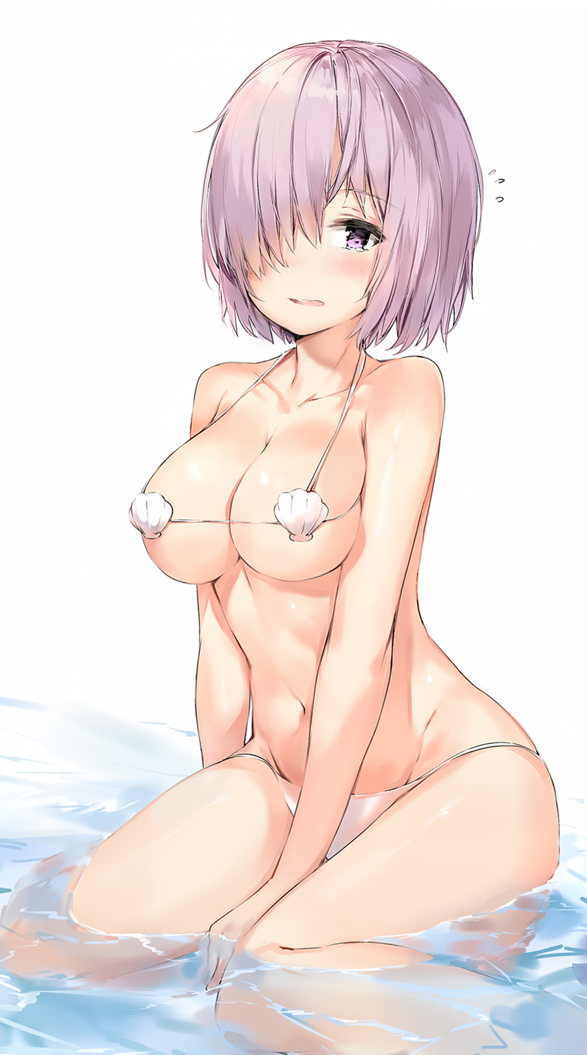 bikini blush breasts eyebrows_visible_through_hair fate/grand_order fate_(series) flying_sweatdrops hair_over_one_eye highres large_breasts lavender_hair looking_at_viewer mash_kyrielight micro_bikini navel parted_lips partially_submerged purple_eyes shell shell_bikini shiny shiny_skin short_hair silver_(chenwen) sitting skindentation solo swimsuit tears underboob wariza white_bikini