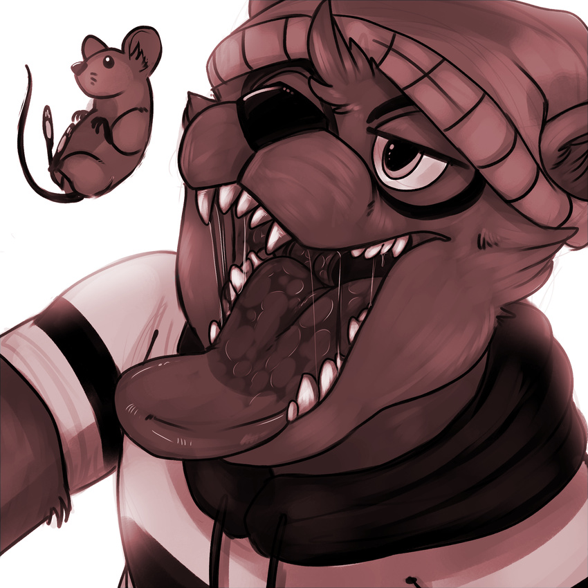 8chan anthro beanie clothed clothing eye_markings feral hat imminent_vore male mammal markings micro monochrome mouse nate_(8chan) nude open_mouth raccoon rodent simple_background size_difference teeth tongue tongue_out vore white_background