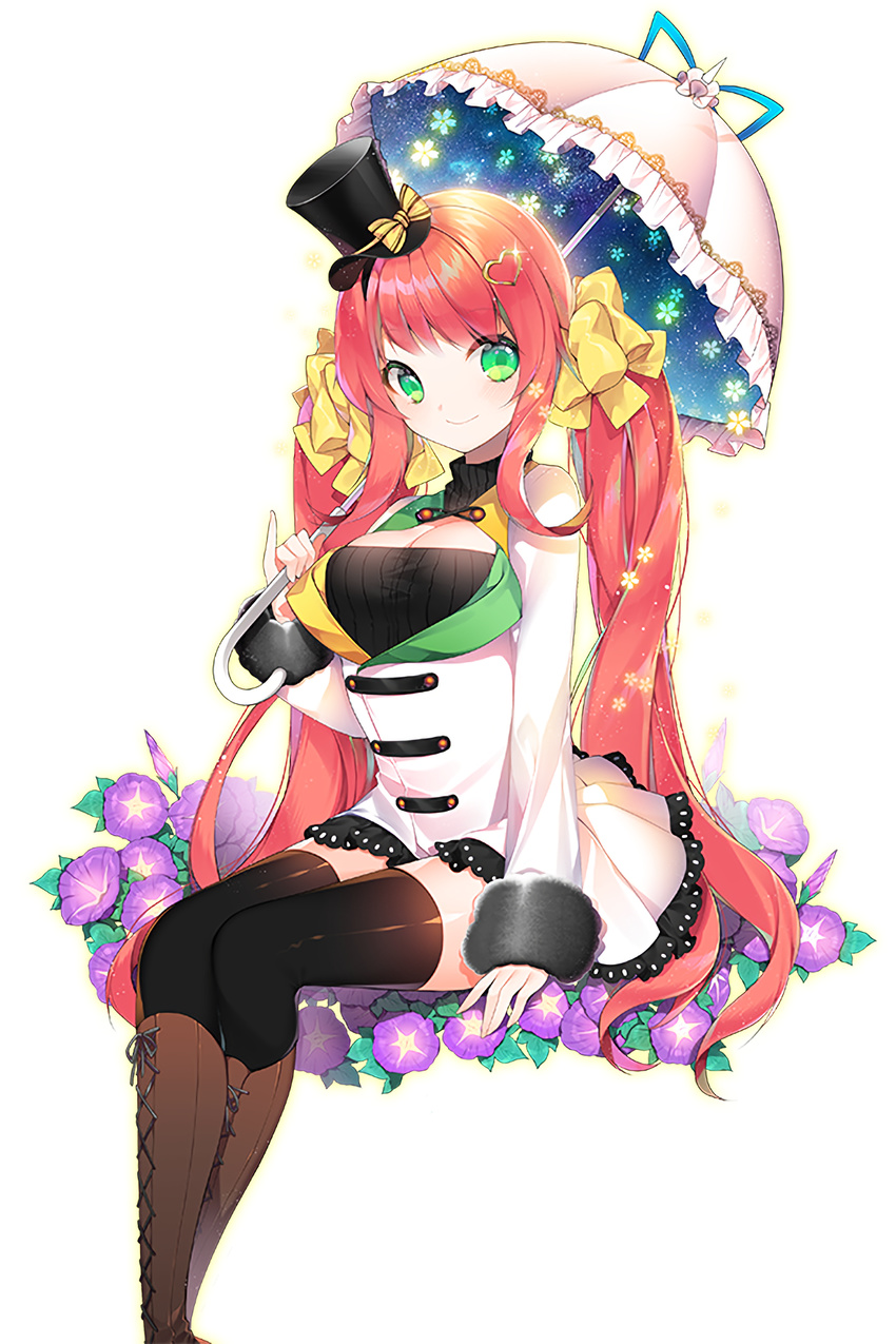 black_hat black_legwear boots breasts brown_footwear cleavage flower green_eyes hair_ornament hat heart heart_hair_ornament highres large_breasts long_hair looking_at_viewer morning_glory official_art over_shoulder parasol pink_hair roh_nam_kyung sitting smile soccer_spirits solo thighhighs transparent_background twintails umbrella very_long_hair victoria_(soccer_spirits)