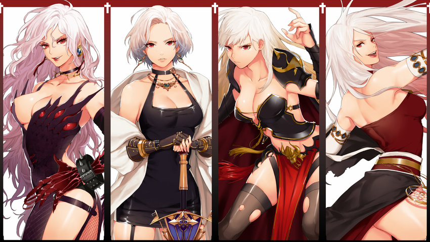 :d bare_shoulders black_legwear bracelet bracer breasts choker claws cleavage collarbone cowboy_shot dark_templar_(dungeon_and_fighter) demon_slayer_(dungeon_and_fighter) dungeon_and_fighter earrings elbow_gloves female_slayer_(dungeon_and_fighter) fishnet_legwear fishnets garter_straps gauntlets gloves hand_on_hip hand_up highres jewelry large_breasts long_hair looking_at_viewer looking_back majesty_(dungeon_and_fighter) midriff multiple_girls necklace open_mouth parted_lips red_eyes red_lips short_hair smile spiked_bracelet spikes standing sword thighhighs usamero vagabond_(dungeon_and_fighter) very_long_hair weapon white_hair