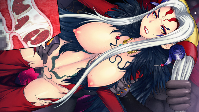 1girl angry breasts censored clenched_teeth cum cum_in_pussy final_fantasy final_fantasy_viii gilgamesh_(final_fantasy) hair_grab hair_pull impregnation large_breasts long_hair makeup multiple_arms navel nipples rape red_dress restrained sex silver_hair tattoo torn_clothes ultimecia vaginal x-ray yellow_eyes