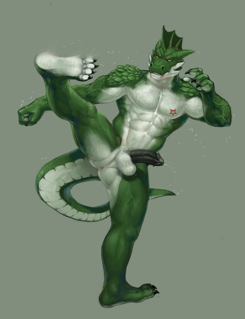2014 4_fingers 4_toes abs absurd_res action_pose animal_genitalia anthro anus athletic balls barbed_penis biceps big_muscles black_penis butt claws cum cum_string digital_media_(artwork) erection everquest fangs frill green_background green_skin head_frill hi_res hindpaw horn humanoid_penis iksar kick leaking male muscular muscular_male nude paws pecs penis perineum plantigrade pockyrumz pose precum raised_leg reptile rrowdybeast scales scalie sheath simple_background slit soles solo ssvanti standing sweat tattoo teeth toe_claws toes vein video_games white_skin yellow_eyes