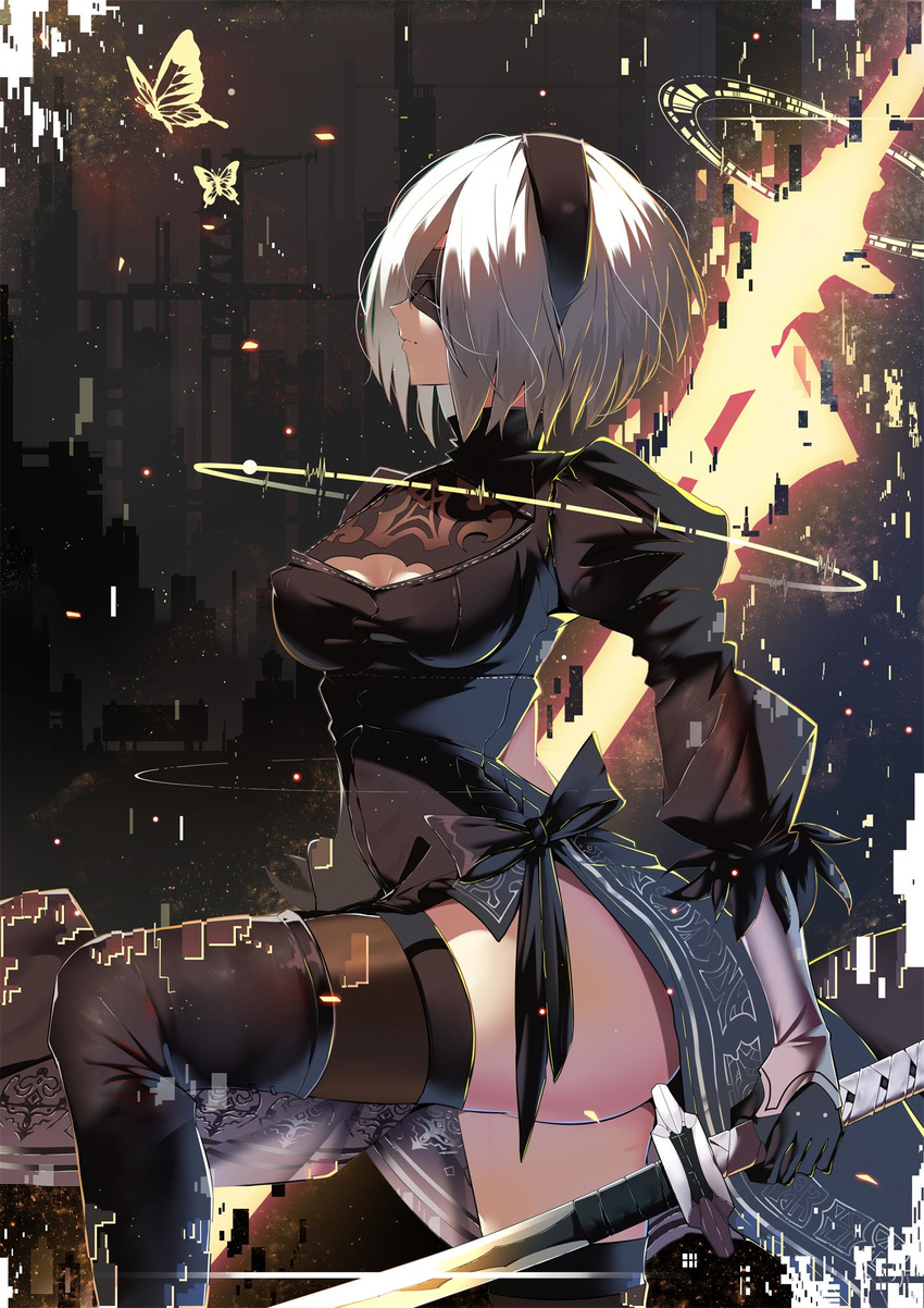 animal black_dress black_hairband black_legwear blindfold boots breasts bug butterfly closed_mouth distortion dress feather-trimmed_sleeves from_side gloves hairband highres holding holding_sword holding_weapon insect light_particles lucky_(1045044604) medium_breasts nier_(series) nier_automata profile puffy_sleeves short_hair short_sleeves silver_hair solo sword thigh_boots thighhighs thighhighs_under_boots weapon yorha_no._2_type_b