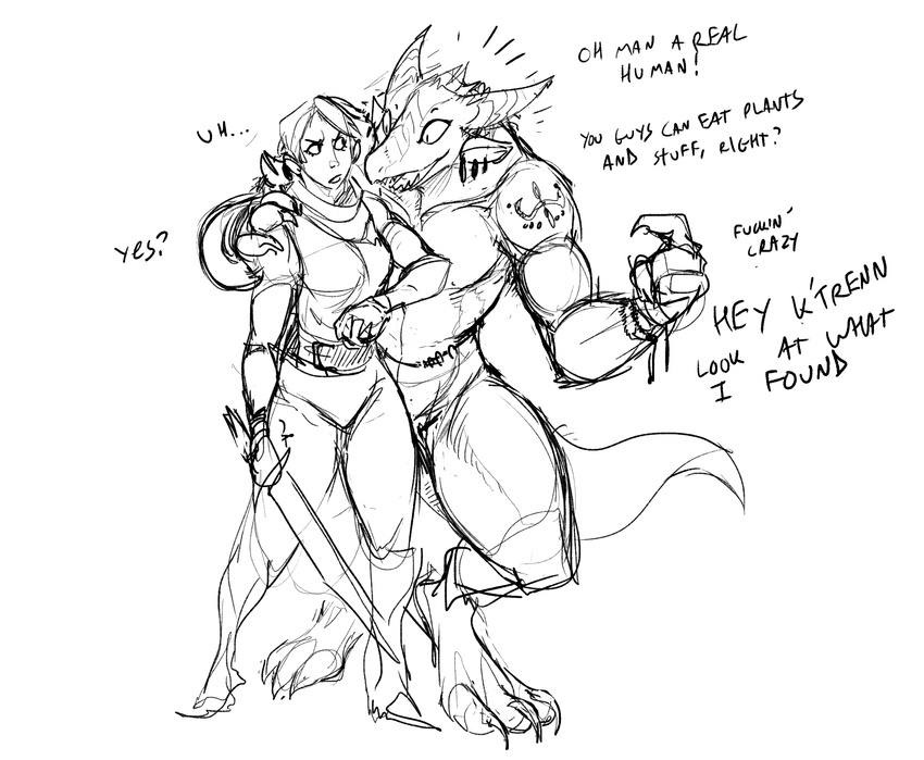 anthro belt claws clothed clothing dialogue duo english_text female furgonomics guoh horn human male mammal melee_weapon piercing reptile scalie simple_background sketch surprise sword text topless weapon white_background