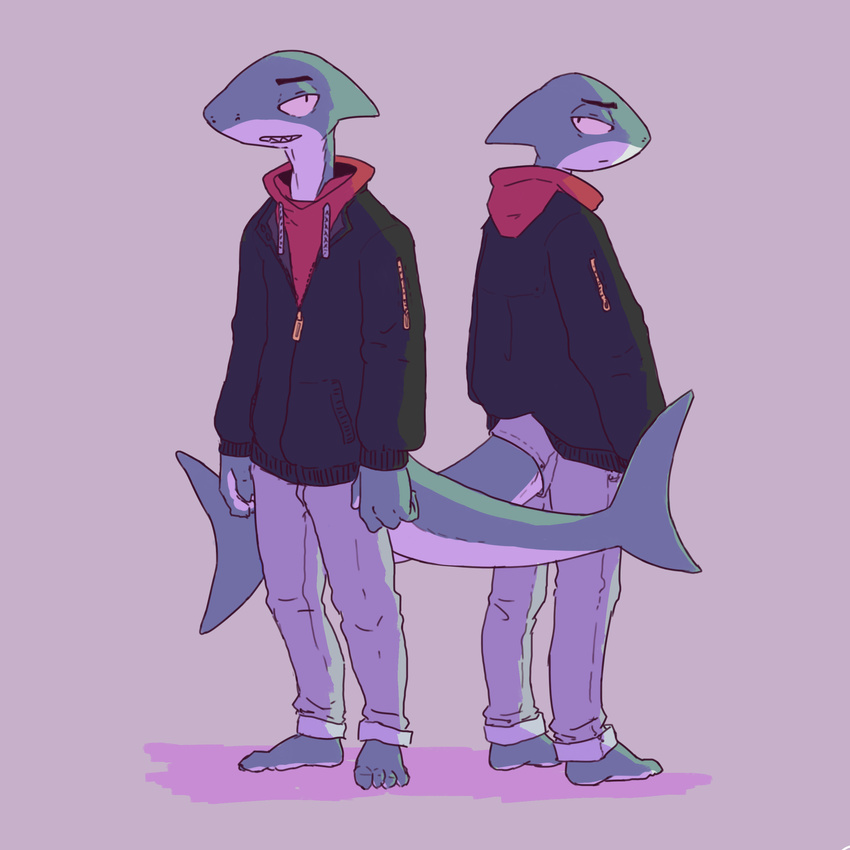 4_fingers 4_toes anthro back_to_back bald barefoot clothed clothing duo fish fully_clothed grey_skin hi_res hoodie jacket looking_aside looking_at_viewer looking_back male marine pants serex shark smile standing teeth toes white_skin