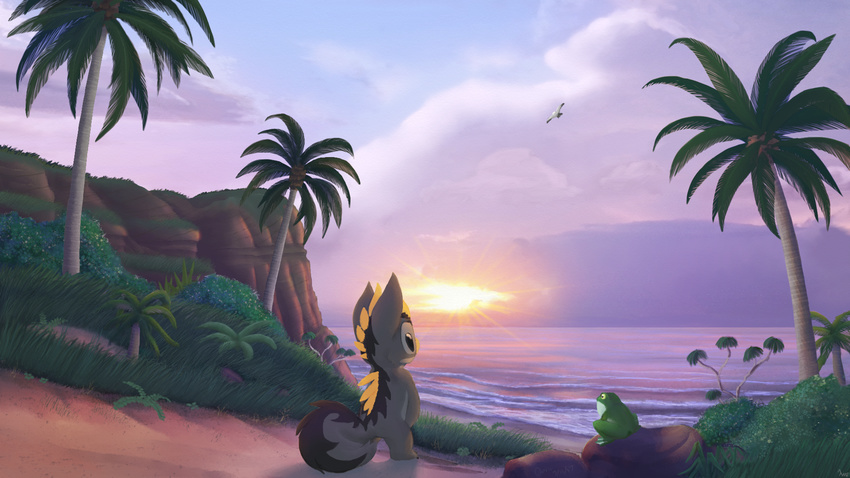 16:9 2017 alien amazing_background avian beach bird black_eyes bullfrog cliff detailed_background disney ears_up experiment_(species) fan_character fur green_body grey_fur hawaii lilo_and_stitch ovni palm_tree petrock seagull seaside signature sky solo_focus standing stare sunrise tree wallpaper yellow_nose