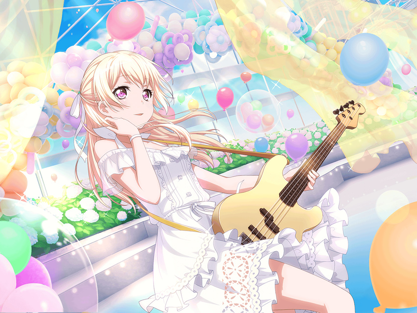 balloons bang_dream! blonde_hair blush dress guitar long_hair music shirasagi_chisato sky violet_eyes