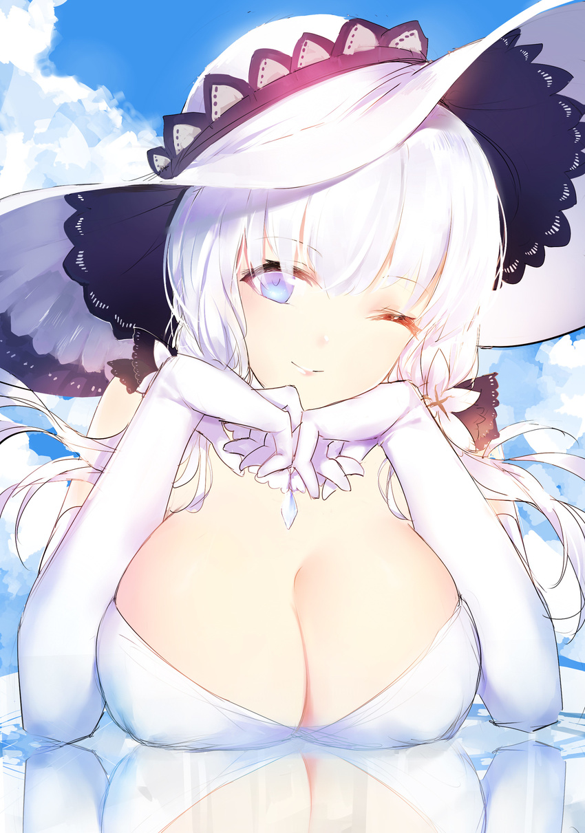 ;) absurdres azur_lane blue_eyes blue_sky breasts chin_rest cleavage cloud cloudy_sky day dress elbow_gloves gloves hat highres horz illustrious_(azur_lane) jewelry large_breasts lipstick makeup necklace one_eye_closed pendant reflection sky smile solo sun_hat white_gloves white_hair white_hat