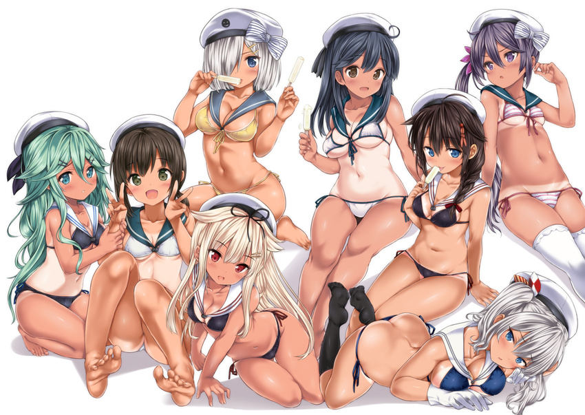 :d ahoge akebono_(kantai_collection) arm_support ass bare_legs barefoot bikini bikini_tan black_bikini black_hair blue_bikini blue_eyes braid breasts brown_eyes brown_hair double_v flower folded_leg food front-tie_bikini front-tie_top fubuki_(kantai_collection) gloves green_hair hair_between_eyes hair_flower hair_ornament hair_over_one_eye hair_over_shoulder hairclip hamakaze_(kantai_collection) hat kantai_collection kashima_(kantai_collection) kneeling large_breasts light_brown_hair long_hair looking_at_viewer looking_away lying medium_breasts micro_bikini multiple_girls navel nijimoto_hirok no_shoes on_stomach one-piece_tan open_mouth parted_lips popsicle purple_eyes purple_hair red_eyes remodel_(kantai_collection) sailor_bikini sailor_collar shigure_(kantai_collection) short_hair side-tie_bikini side_ponytail silver_hair simple_background single_braid sitting skindentation small_breasts smile soles striped striped_bikini swimsuit tan tanline thighhighs twintails ushio_(kantai_collection) v white_background white_bikini white_gloves white_hat white_legwear yamakaze_(kantai_collection) yokozuwari yuudachi_(kantai_collection)