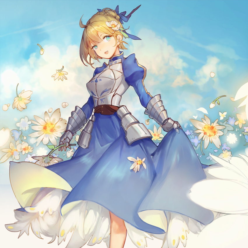 absurdres ahoge armor armored_dress artoria_pendragon_(all) bangs blonde_hair blue_dress blue_sky breastplate breasts cloud corset day dress fate/stay_night fate_(series) flower gauntlets green_eyes hair_flower hair_ornament hair_ribbon highres juliet_sleeves long_sleeves looking_at_viewer medium_breasts open_mouth puffy_sleeves ribbon saber short_hair skirt_hold sky smile solo standing sword weapon xiaohan6th