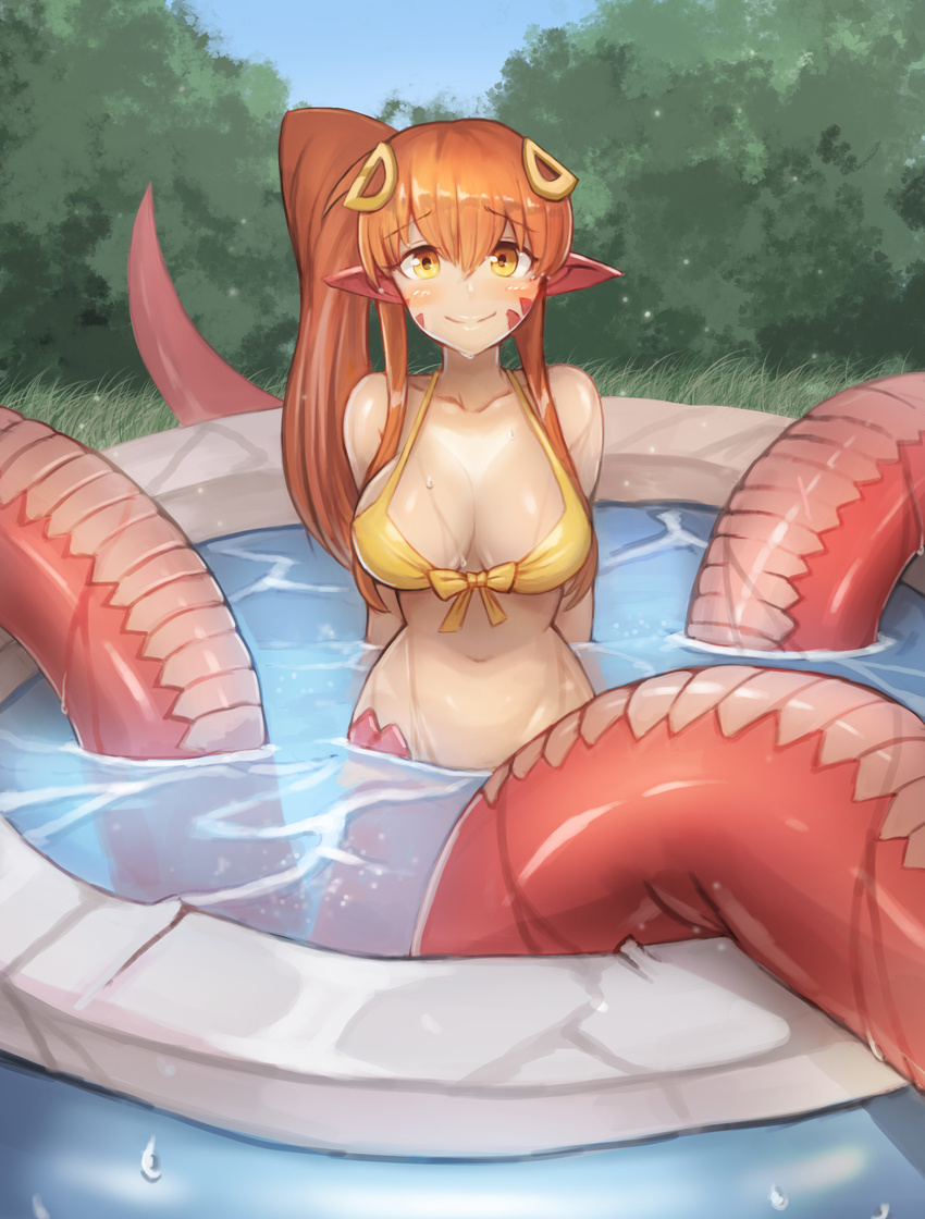 absurdres bare_shoulders bikini_top breasts bush cleavage collarbone commission day eyebrows_visible_through_hair grass hair_between_eyes hair_ornament hairclip highres lamia long_hair looking_at_viewer medium_breasts miia_(monster_musume) monster_girl monster_musume_no_iru_nichijou navel orange_hair outdoors partially_submerged pointy_ears scales side_ponytail smile solo sookmo swimsuit wading_pool water water_drop yellow_bikini_top yellow_eyes