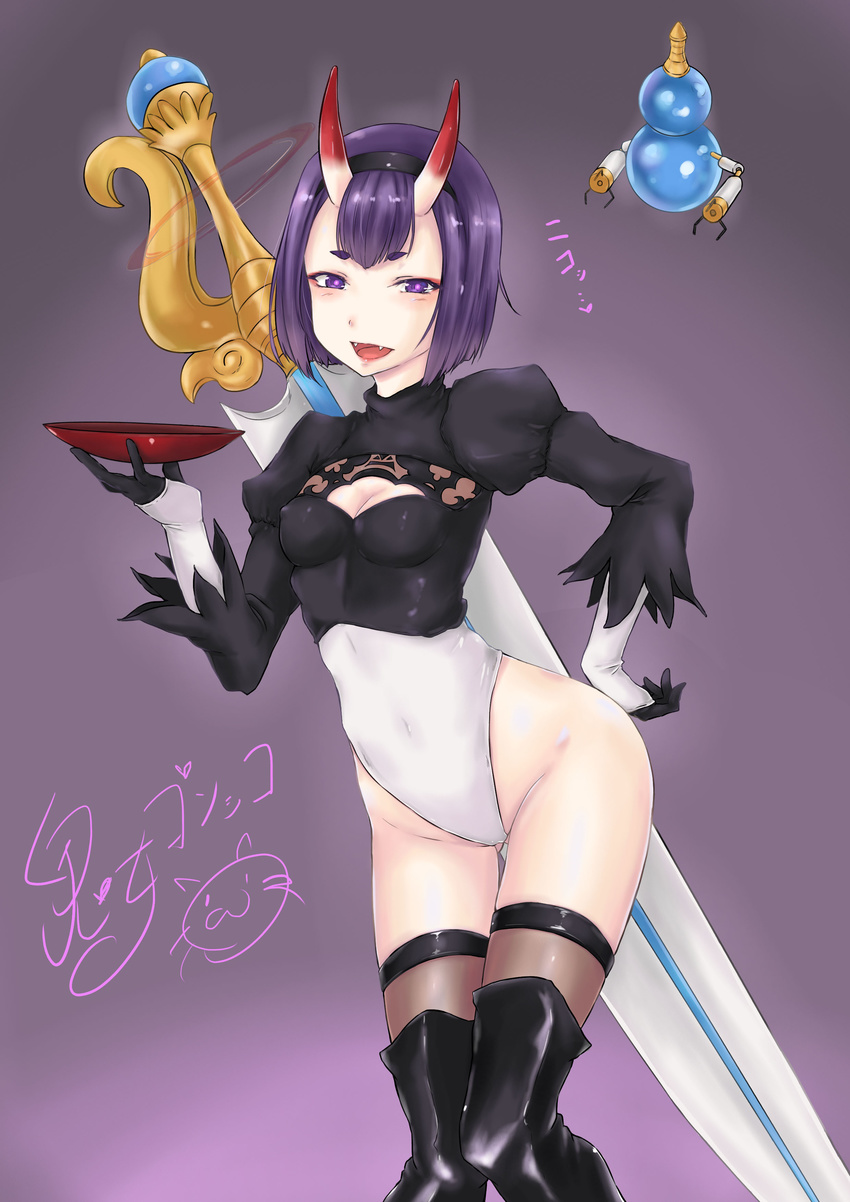 :d absurdres ass_visible_through_thighs bangs black_footwear black_gloves black_hairband blush boots breasts brown_legwear cleavage cleavage_cutout commentary_request contrapposto cosplay covered_navel covered_nipples cowboy_shot cropped_shirt cup eyebrows_visible_through_hair fangs fate/grand_order fate_(series) gloves groin hairband half-closed_eyes hand_on_hip highleg highleg_leotard highres horns huge_weapon juliet_sleeves kijo_gonkko legs_together leotard long_sleeves looking_at_viewer makeup mascara nier_(series) nier_automata no_pants oni oni_horns open_mouth pink_lips pod_(nier_automata) pod_(nier_automata)_(cosplay) puffy_sleeves purple_background purple_eyes purple_hair sakazuki short_eyebrows short_hair shuten_douji_(fate/grand_order) signature skirt skirt_removed small_breasts smile solo standing sword thick_eyebrows thigh_boots thigh_gap thighhighs thighhighs_under_boots turtleneck vambraces weapon weapon_on_back white_leotard yorha_no._2_type_b yorha_no._2_type_b_(cosplay)