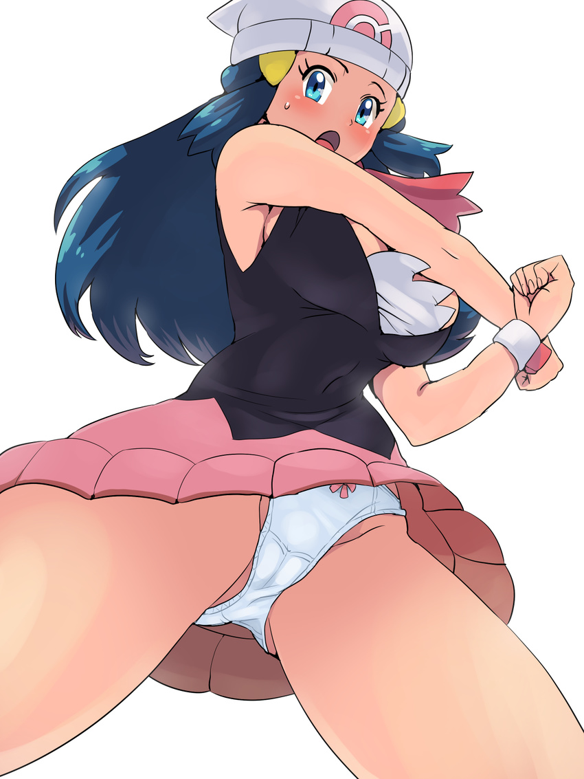 black_shirt blue_eyes blue_hair boris_(noborhys) bow bow_panties breasts cameltoe commentary_request from_below highres hikari_(pokemon) large_breasts long_hair panties pantyshot pantyshot_(standing) pink_bow pink_skirt poke_ball_symbol pokemon pokemon_(game) pokemon_dppt poketch shirt sidelocks skirt solo standing underwear watch white_panties wristwatch