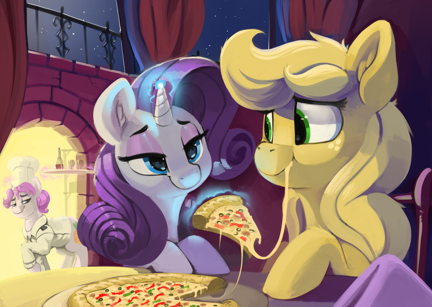 applejack_(mlp) blonde_hair blue_eyes clothed clothing detailed_background dimfann equine fan_character female feral food friendship_is_magic green_eyes group hair hooves horn male mammal my_little_pony pink_hair pizza purple_hair rarity_(mlp) smile unicorn