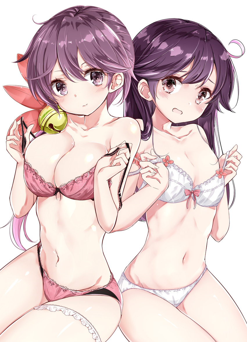 absurdres ahoge akebono_(kantai_collection) alternate_breast_size bell bow bow_bra bra breast_size_switch breasts brown_eyes cleavage commentary flower hair_bell hair_flower hair_ornament highres jingle_bell kantai_collection kengorou_saemon_ii_sei large_breasts long_hair looking_at_viewer multiple_girls navel panties pink_bra pink_panties purple_eyes purple_hair red_bow simple_background sitting smile stomach underwear underwear_only ushio_(kantai_collection) white_background white_bra white_panties