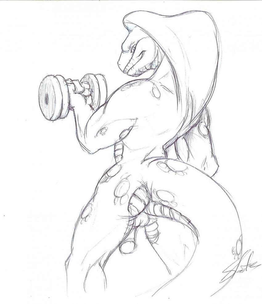 2010 anthro backsack balls biceps biped black_and_white cobbie cobra dumbbell exercise hi_res holding_object line_art male monochrome muscular muscular_male nude pencil_(artwork) penis portrait rear_view reptile scalie signature simple_background sketch slate snake snake_hood solo standing thick_tail three-quarter_portrait traditional_media_(artwork) weightlifting weights white_background workout