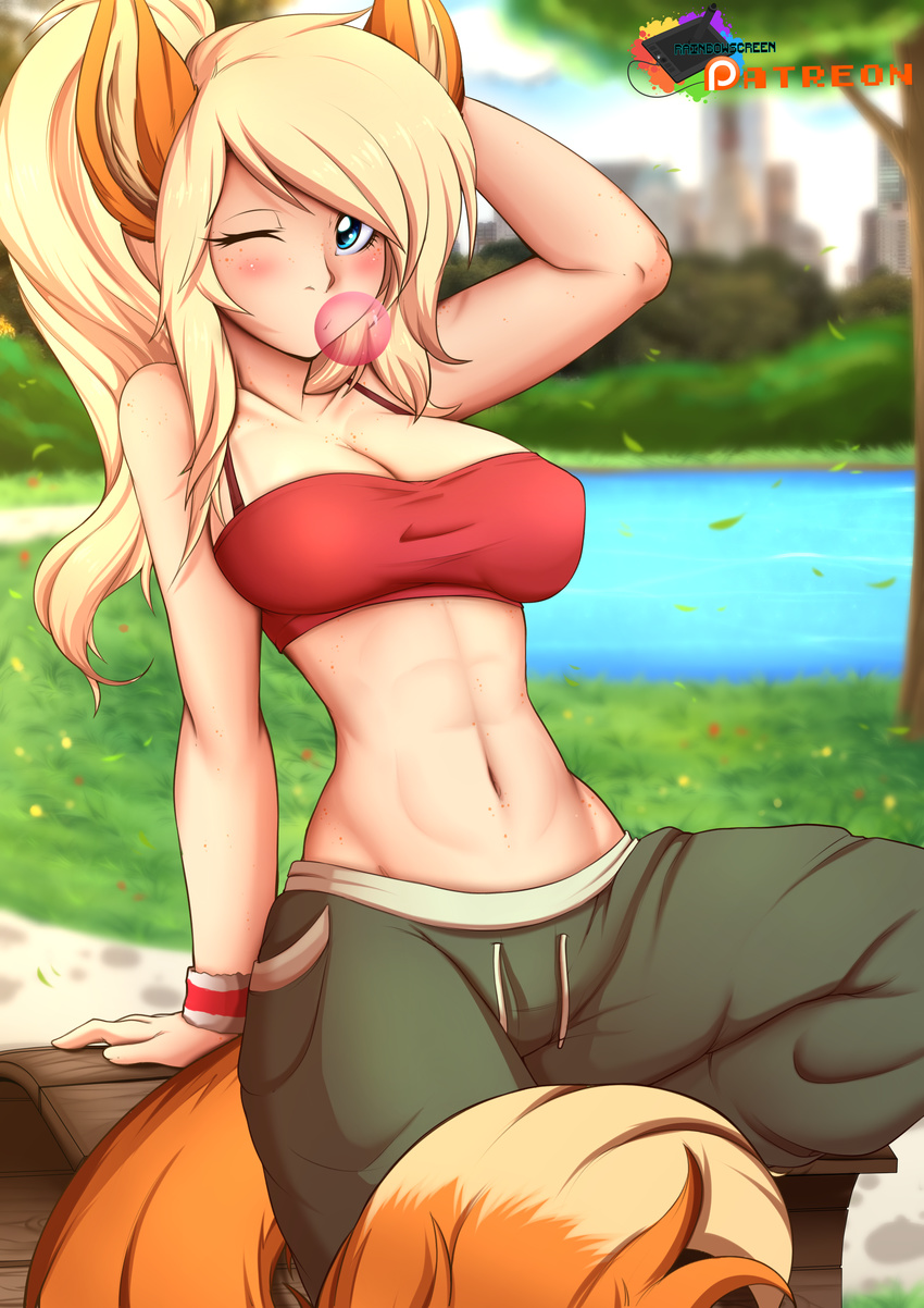 2017 abs animal_humanoid athletic blonde_hair blue_eyes blush breasts bubble_gum canine cleavage clothed clothing detailed_background digital_media_(artwork) dipstick_tail eyelashes female fox fox_humanoid freckles hair humanoid inner_ear_fluff mammal midriff multicolored_tail navel one_eye_closed pants rainbowscreen solo wink wristband yukira