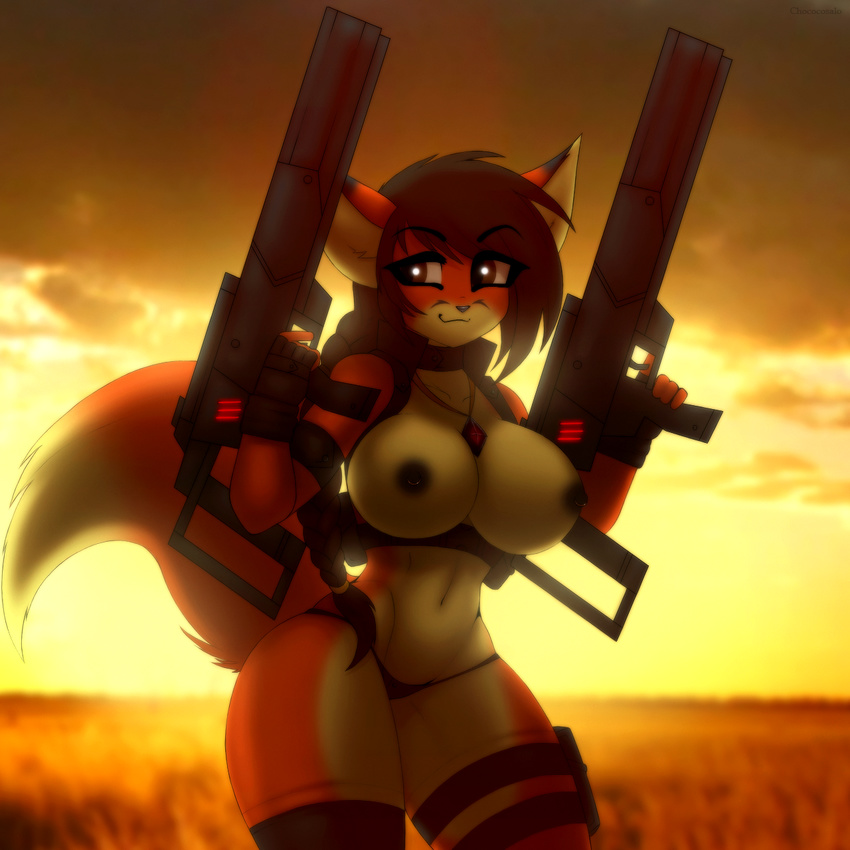 anthro big_breasts breasts canine chococosalo clothed clothing female fox gun mammal nipples outside ranged_weapon rifle skimpy smile solo standing thick_thighs underwear weapon