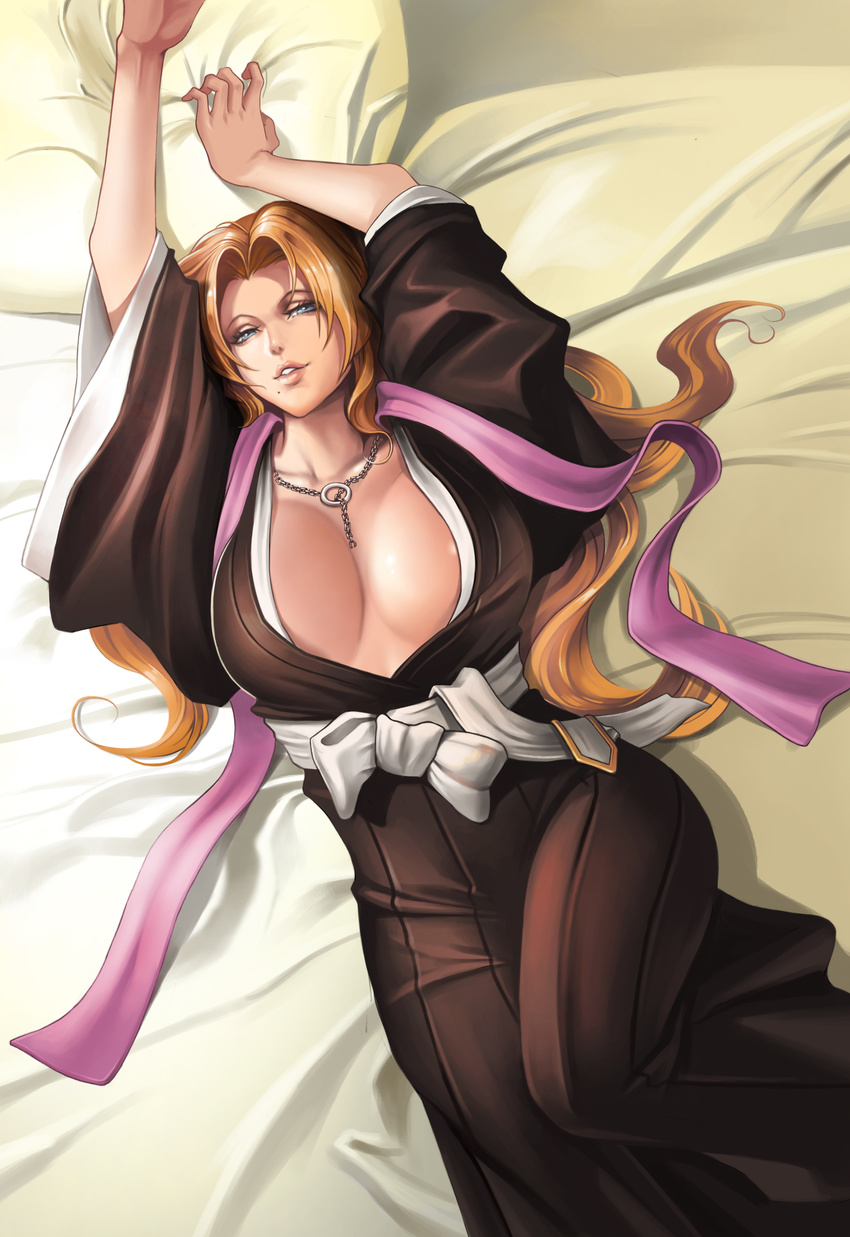 absurdres arms_up banned_artist bleach blonde_hair blue_eyes breasts highres japanese_clothes jewelry kimono large_breasts long_hair long_sleeves looking_at_viewer lying matsumoto_rangiku mole mole_under_mouth necklace on_back on_bed paid_reward parted_lips patreon_reward sash seductive_smile smile solo wavy_hair wide_sleeves yinan_cui