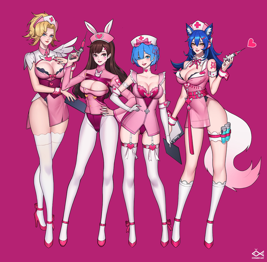 4girls :d ahri alternate_costume animal_ears animal_print arm_at_side arm_strap arm_tattoo artist_name ass_visible_through_thighs bangs bare_shoulders belt blonde_hair blue_eyes blue_hair blunt_bangs blush bow bow_legwear breasts brown_eyes brown_hair bunny_ears bunny_print choker citemer cleavage cleavage_cutout clipboard closed_mouth collarbone collared_dress commentary contrapposto corset cowboy_shot cross cross_print crossover d.va_(overwatch) detached_collar dress elbow_gloves english eyelashes eyes_visible_through_hair facepaint facial_mark fake_animal_ears fingernails fish flipped_hair fox_ears fox_tail full_body garter_straps gloves gradient groin hair_between_eyes hair_bow hair_ornament hair_over_one_eye hair_ribbon hairclip hairpin hand_on_hip hand_on_own_chest hand_up hat headphones heart heart_choker heart_hair_ornament high_collar high_heels high_ponytail highleg highres hips holding holding_clipboard holding_syringe kneehighs lace lace-trimmed_kneehighs lace-trimmed_thighhighs large_breasts league_of_legends leg_garter leg_ribbon legs legs_apart legs_together leotard lips lipstick logo long_fingernails long_hair long_legs long_sleeves looking_at_viewer makeup medium_breasts mercy_(overwatch) multiple_crossover multiple_girls nail_polish neck_ribbon nose nurse nurse_cap open_mouth overwatch pantyhose parted_bangs parted_lips patch pink_background pink_belt pink_bow pink_dress pink_footwear pink_hat pink_lips pink_lipstick pink_nails pink_ribbon ponytail purple_background purple_ribbon re:zero_kara_hajimeru_isekai_seikatsu red_cross red_leotard red_nails rem_(re:zero) ribbon round_teeth shoes short_dress short_hair short_ponytail short_wings shoulder_pads side_slit sidelocks signature simple_background single_wing skindentation sleeveless sleeveless_dress smile standing strapless strapless_leotard strappy_heels swept_bangs syringe tail tassel tattoo taut_clothes taut_dress teeth test_tube thigh_strap thighhighs thighs upper_teeth watermark whisker_markings white_bow white_choker white_gloves white_legwear white_wings wing_collar wings wrist_cuffs x_hair_ornament yellow_eyes