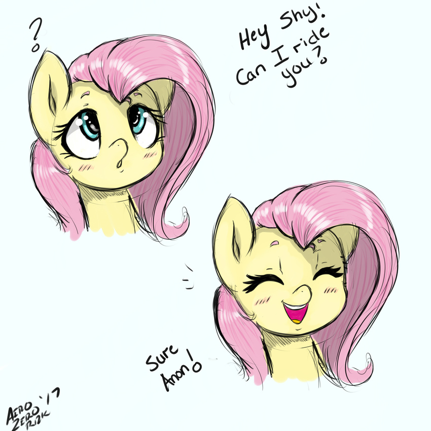2017 ? aer0_zer0 blush dialogue earth_pony english_text equine eyes_closed female fluttershy_(mlp) friendship_is_magic hair horse mammal my_little_pony pink_hair pony simple_background text