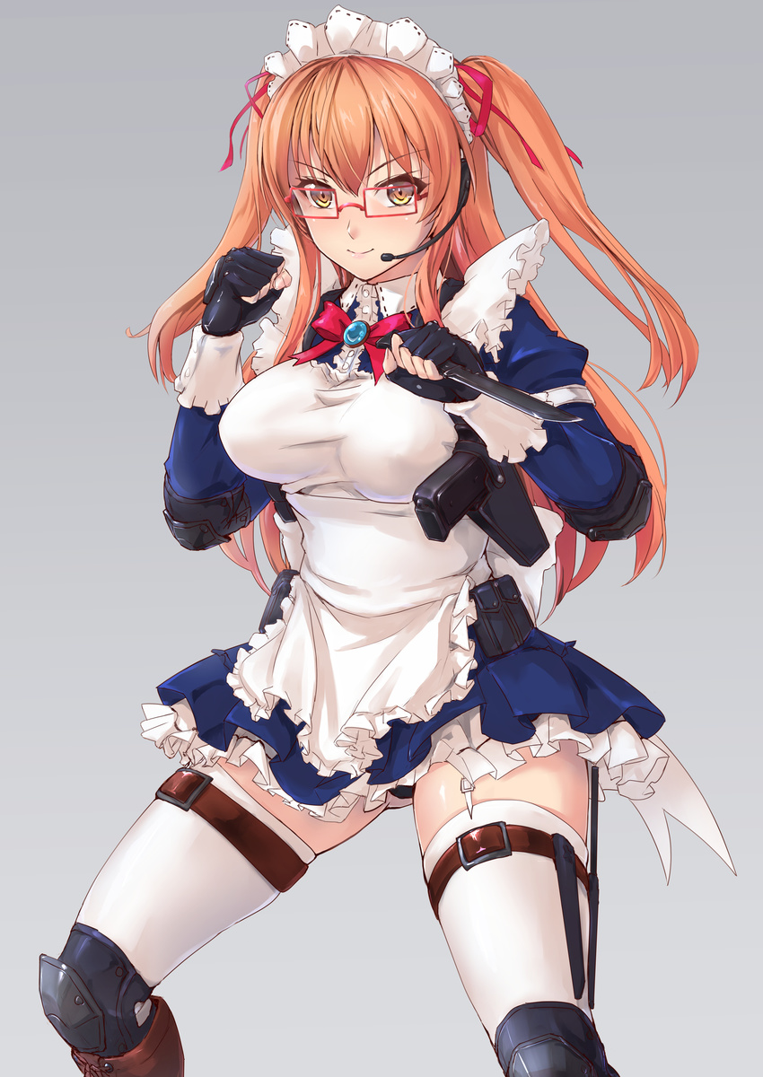 absurdres apron armor armored_boots bangs black_panties blue_dress boots breasts closed_mouth dress elbow_pads frilled_apron frills glasses gradient gradient_background grey_background headset highres holster knee_boots large_breasts load_bearing_equipment long_hair looking_at_viewer maid orange_hair original panties pantyshot pantyshot_(standing) red-framed_eyewear reverse_grip sidelocks smile solo standing thigh_holster thigh_strap thighhighs thighs tori@gununu two_side_up underwear white_legwear yellow_eyes