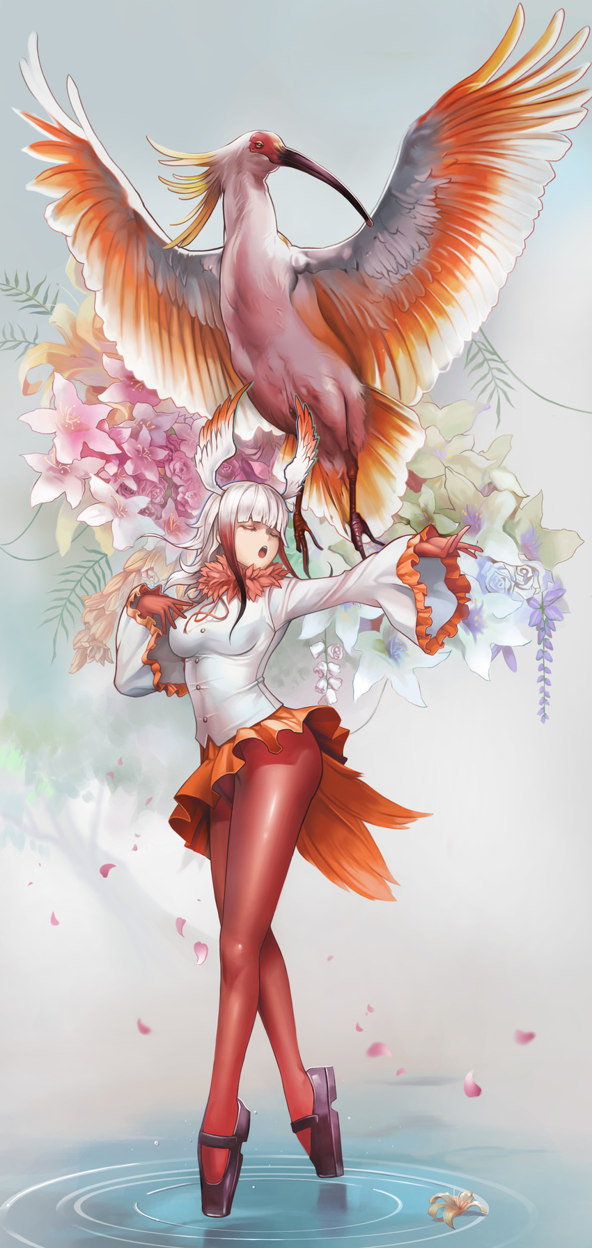 absurdres bangs banned_artist bird black_footwear blunt_bangs breasts closed_eyes crested_ibis floral_background frilled_sleeves frills from_side full_body gloves grey_background head_wings highres japanese_crested_ibis_(kemono_friends) kemono_friends long_hair long_sleeves mary_janes medium_breasts multicolored_hair open_mouth outstretched_arm paid_reward pantyhose patreon_reward petals red_gloves red_hair red_legwear ripples shirt shoes skirt solo standing tail two-tone_hair white_hair white_shirt yinan_cui